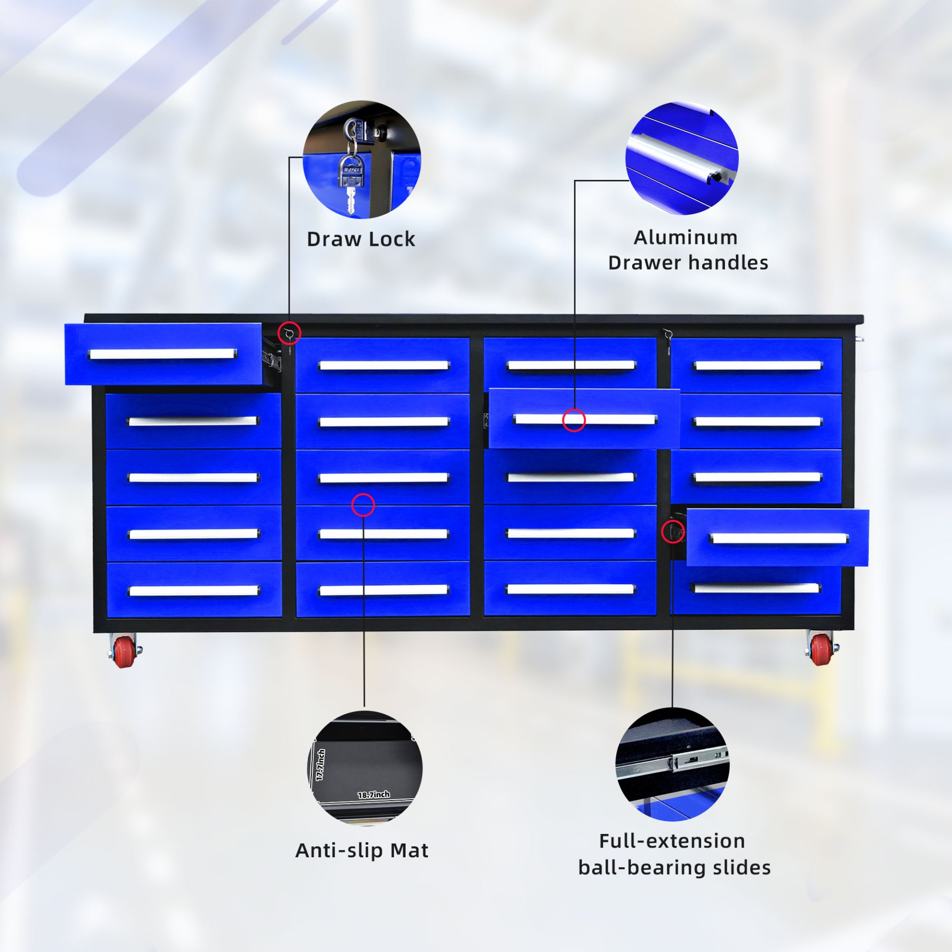 Garage Storage Cabinets With Workbench (20 Drawers) - Blue - Image 4