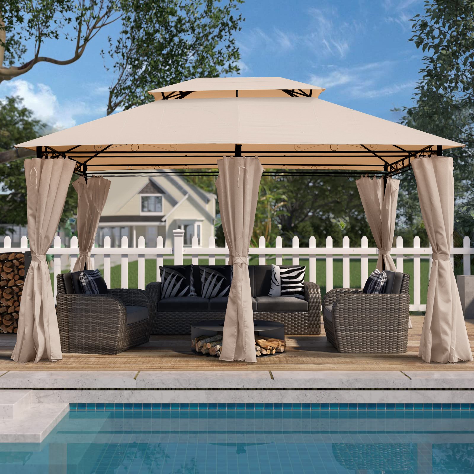 Outdoor Patio Gazebo Canopy Tent With Ventilated Double Roof And Mosquito Net, 13X10 Ft - Khaki - Image 4