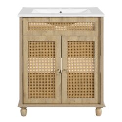 Bathroom Vanity With Handwoven Rattan Doors, Resin Basin - Natural Wood