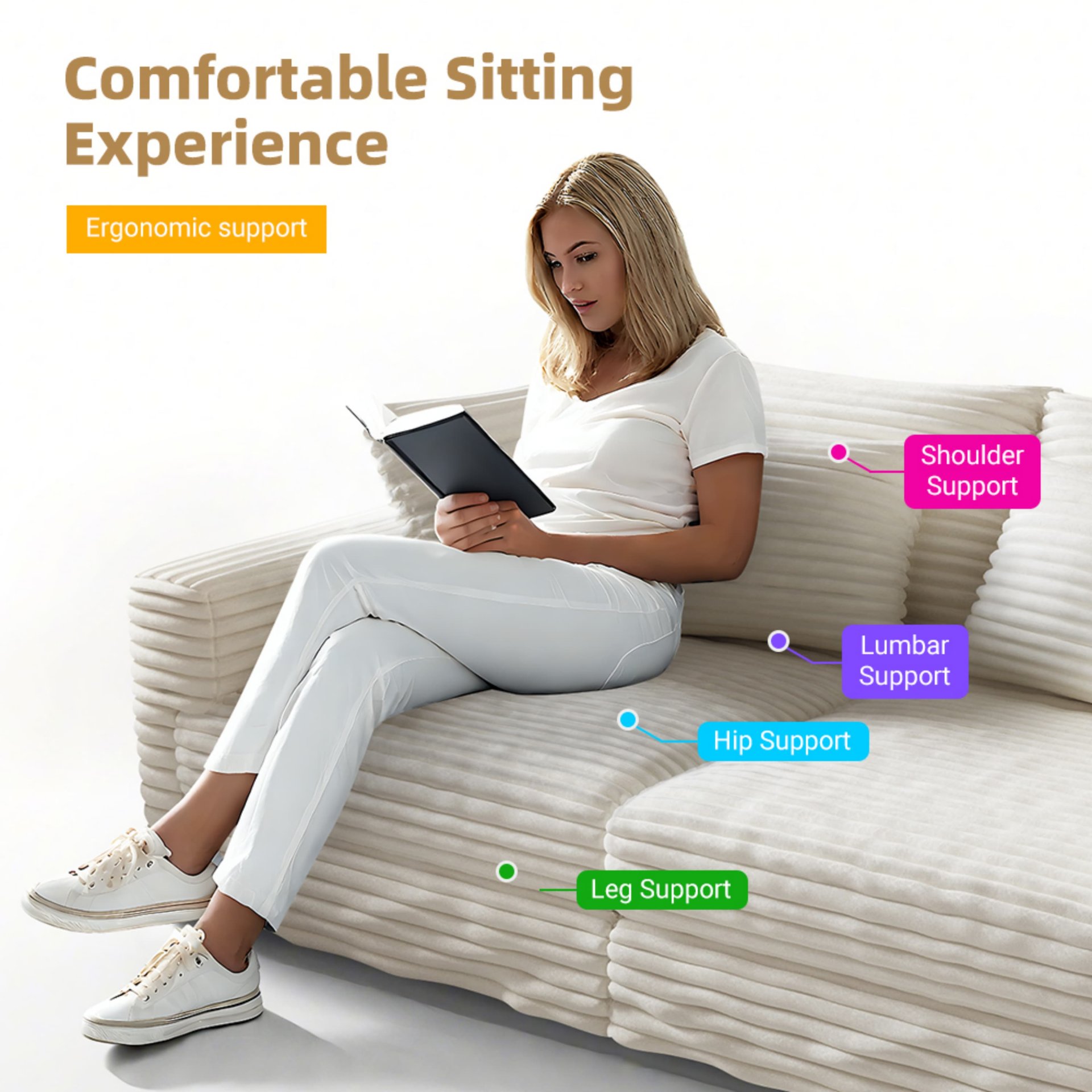 3 Seat Sofa, Convertible Deep Seat Sofa Lounge Chair For Living Room - Beige - Image 10