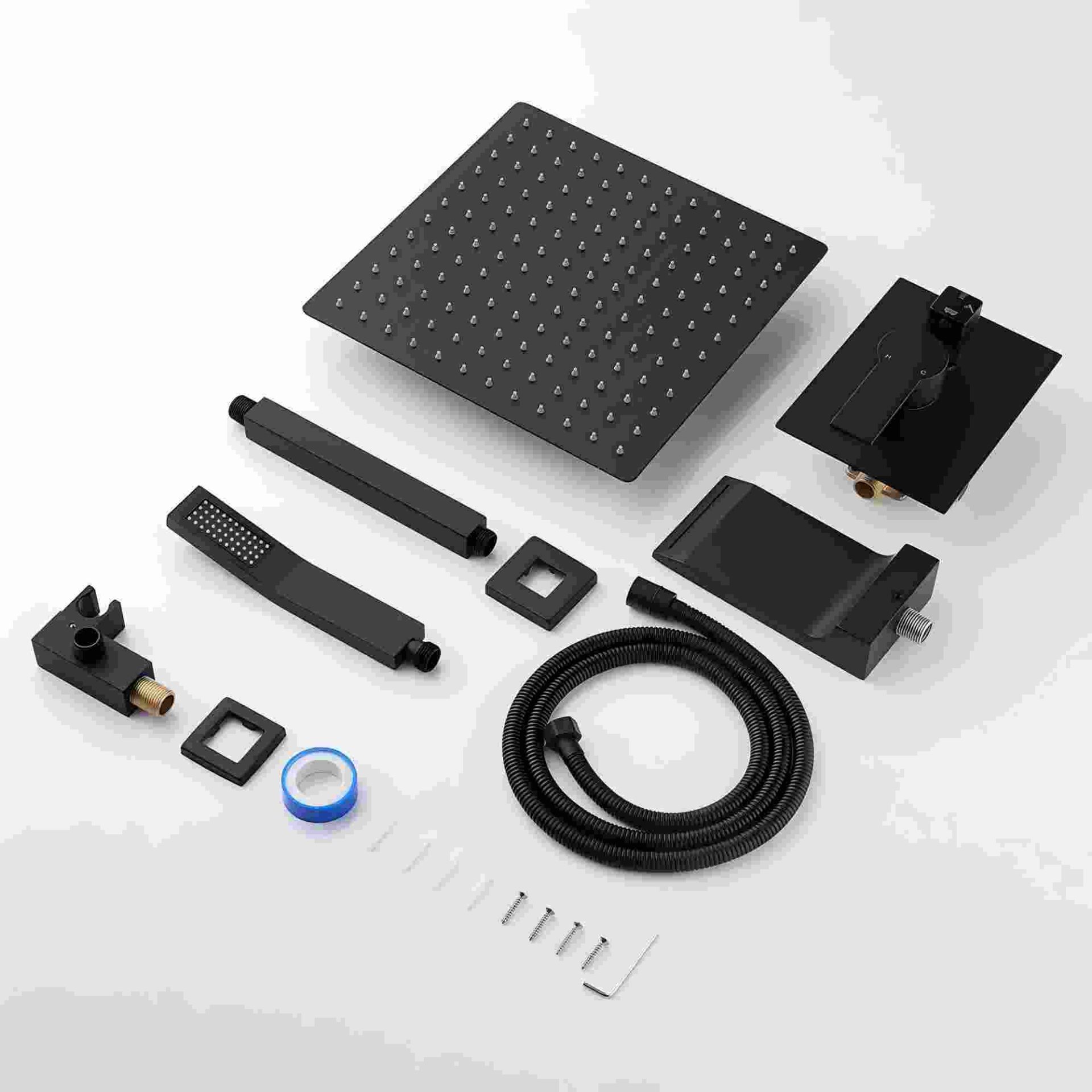 Contemporary Shower System With 12" Rainfall Head And Handheld Spray, Wall Mounted - Matte Black - Image 8