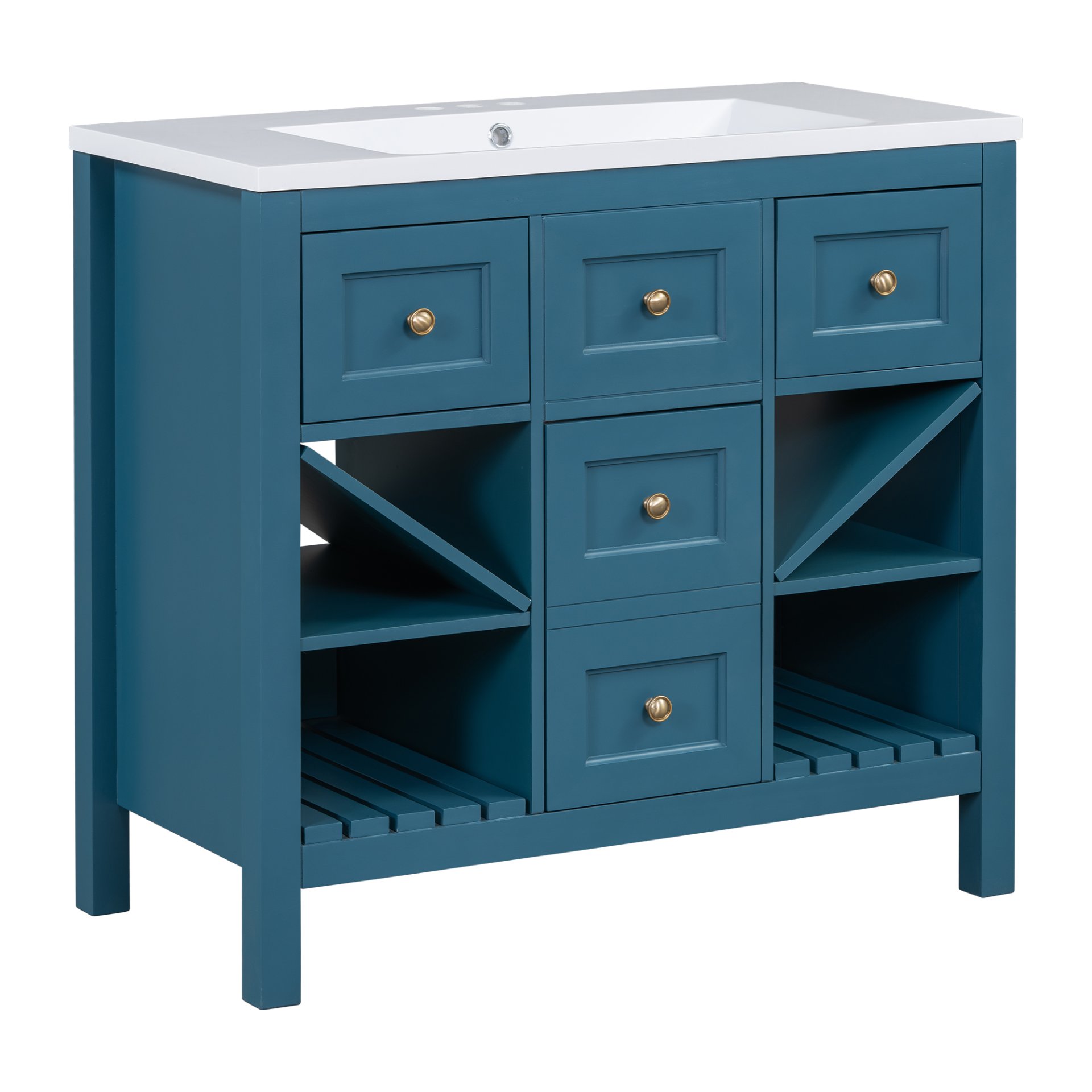 Bathroom Vanity With Resin Sink Combo, Frame Bathroom Storage Cabinet, Freestanding Vanity Set, 5 Drawers & Soft Closing Doors - Blue - Image 12