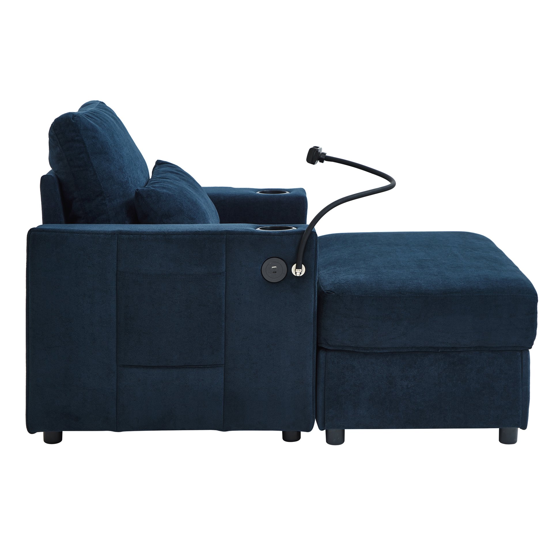 Modern Style Armchair Chaise Lounge Sofa Couch With Movable Storage Ottoman, USB Ports, Cup Holders, Phone Holder, Side Pockets - Blue - Image 19