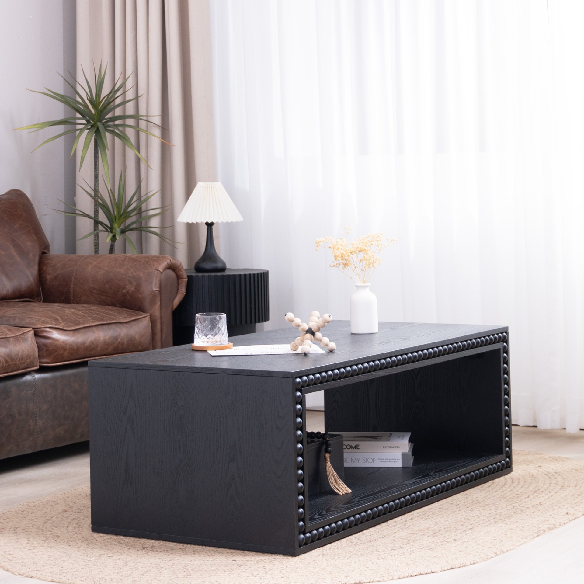 Beaded Edge Coffee Table, Rectangular Center Table With Open Storage Shelf - Black - Image 4