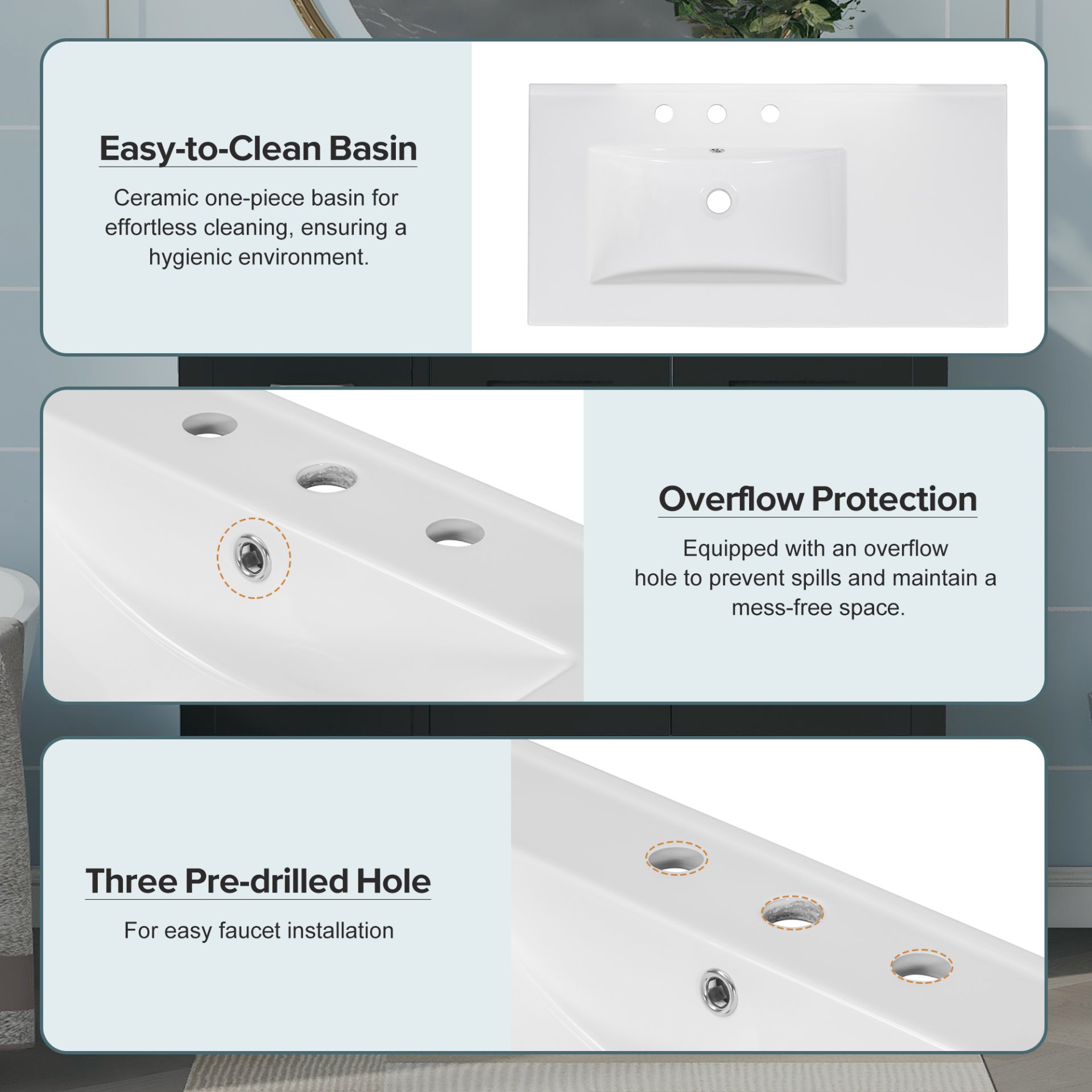 Bathroom Vanity With Ceramic Sink Combo, Abundant Storage Cabinet 2 Soft Close Doors And 5 Drawers - Black - Image 9