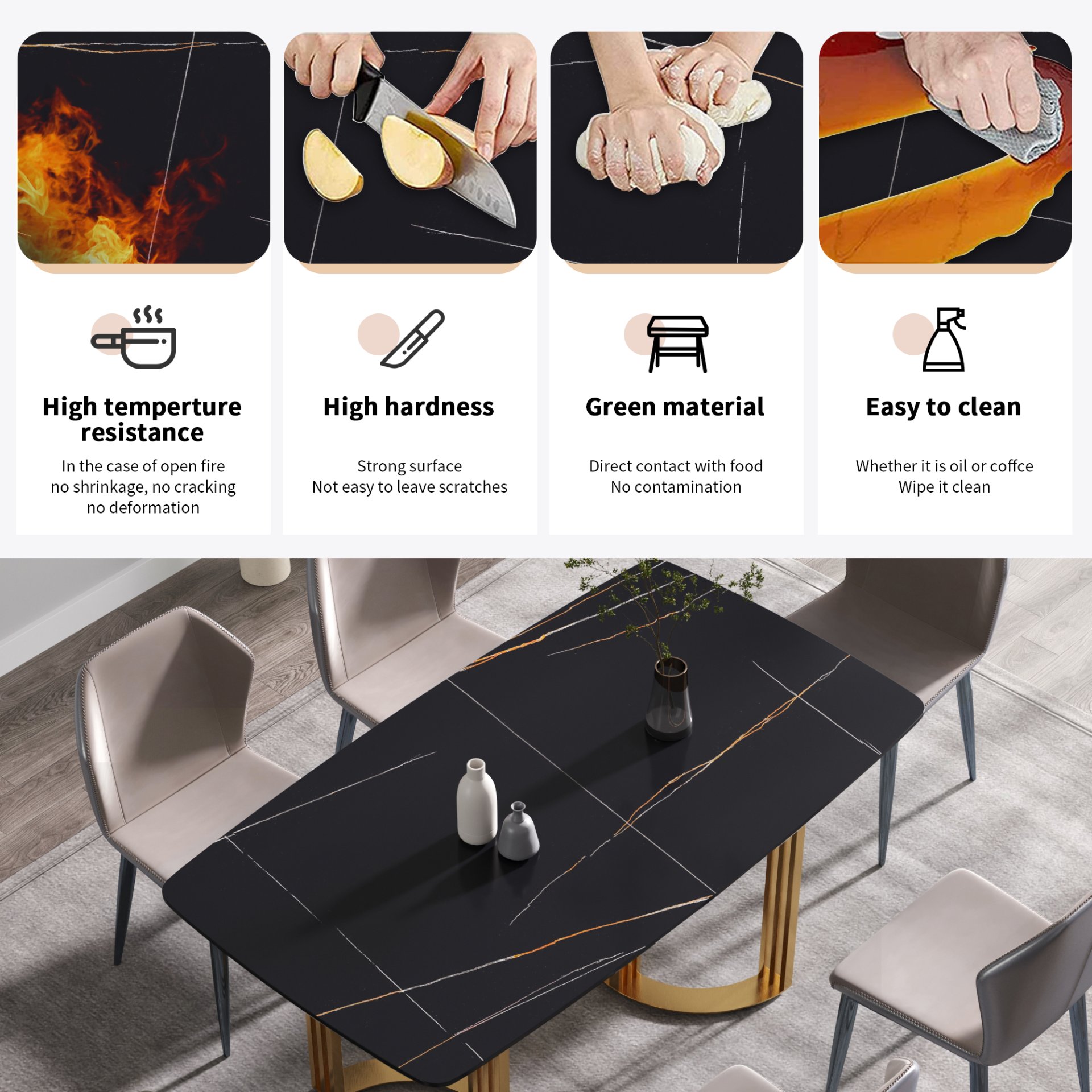 63" Modern Artificial Stone Curved Golden Metal Leg Dining Table, 6 People - Black / Gold - Image 12