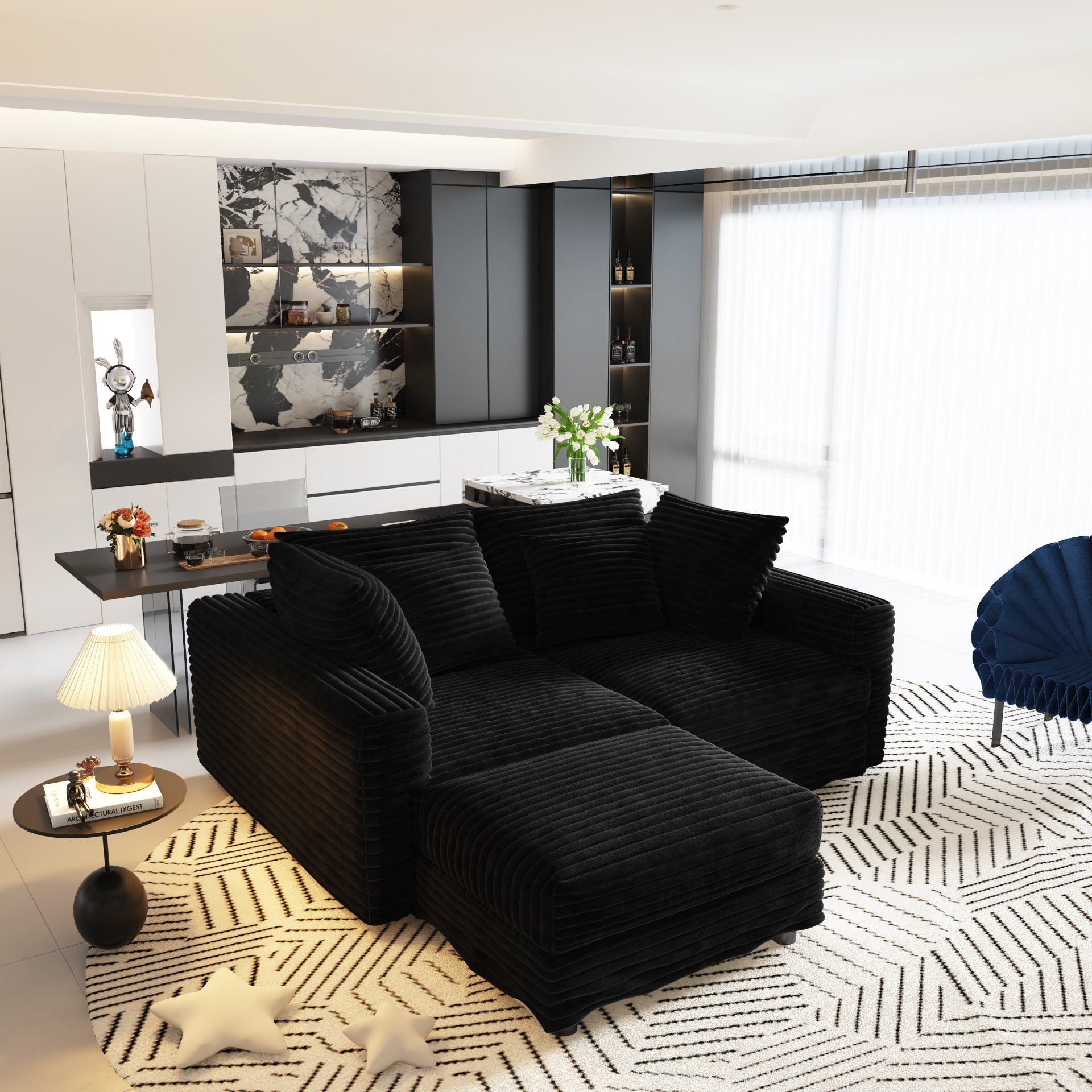 4 Seat Sofa, Deep Seat Couches With Soft Pillows And Movable Ottoman, Convertible Sofa Lounge Chair, For Living Room - Black - Image 4