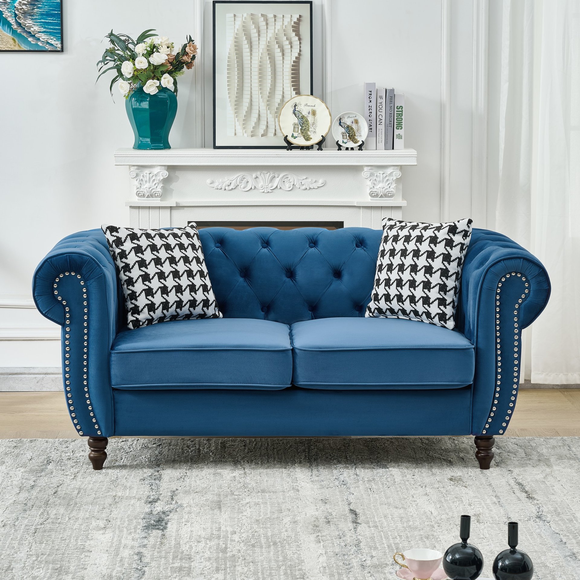 Chesterfield Sofa With Roll Armrest And Nailhead, 2 Seater Couch - Blue - Image 2