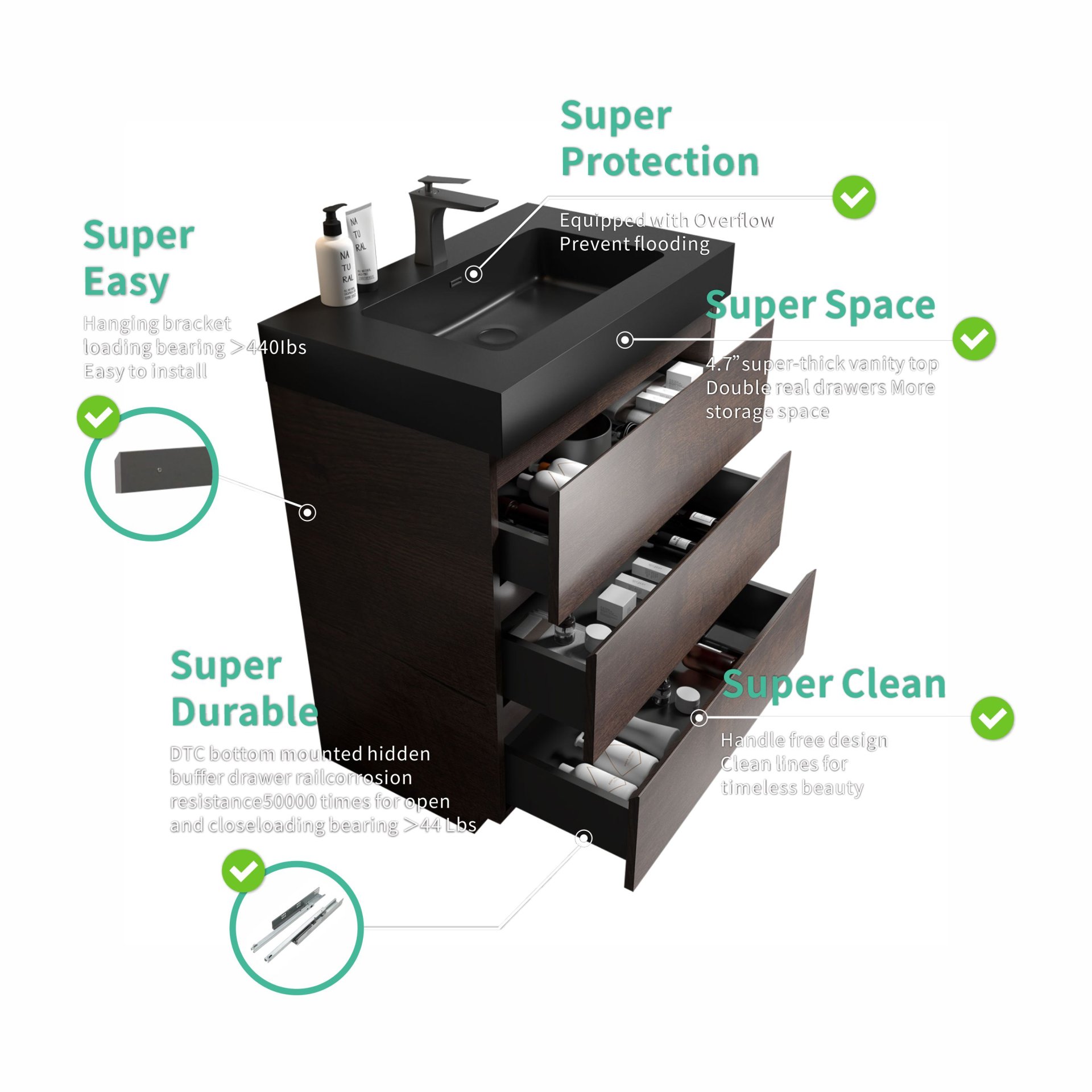 Alice - 30" Walnut Bathroom Vanity With Sink, Large Storage Freestanding Bathroom Vanity For Modern Bathroom, One-Piece Sink Basin Without Drain And Faucet - Walnut / Black - Image 6