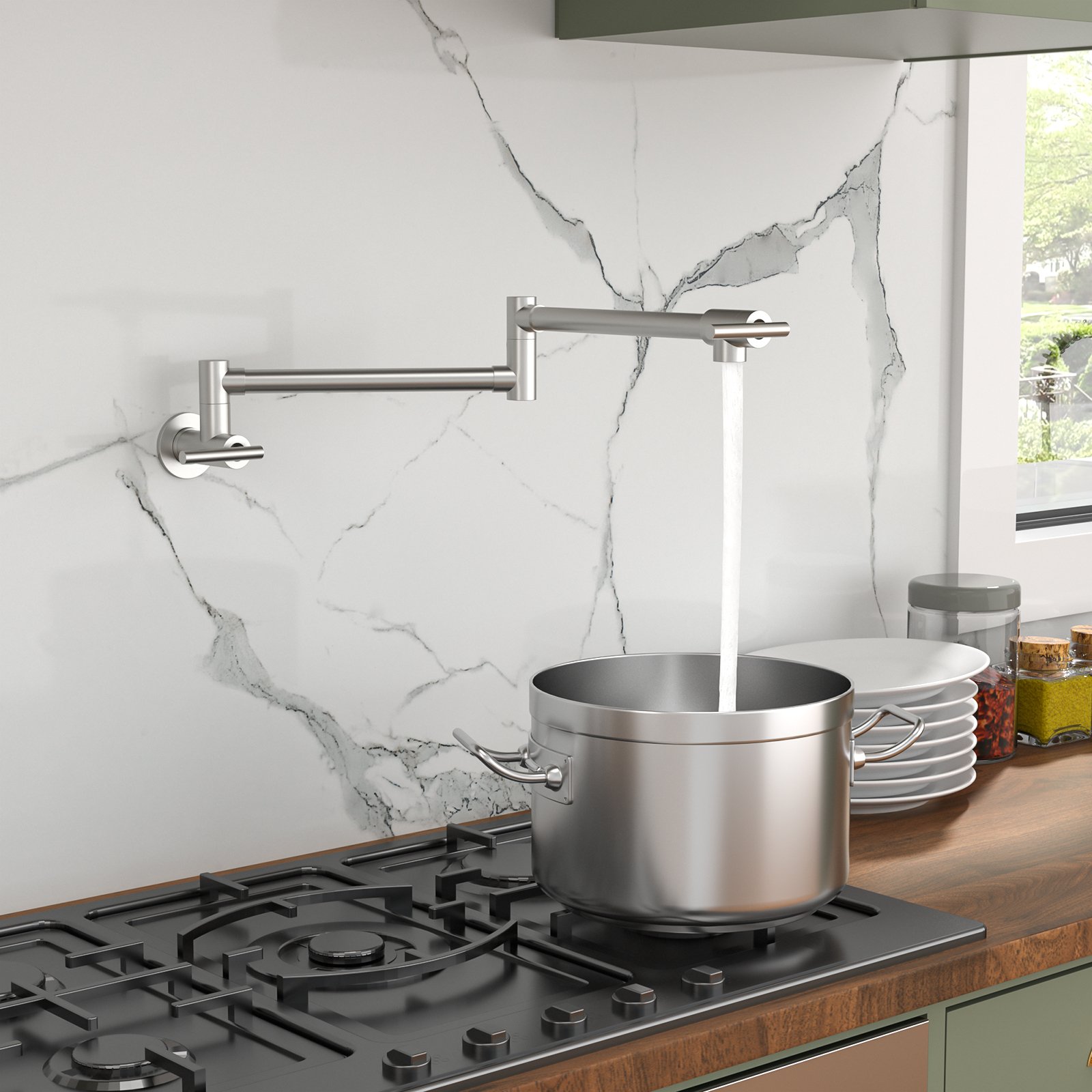 Wall Mount Pot Filler Faucet Folding Stretchable Kitchen Sink Faucet With 2 Handles - Brushed Nickel - Image 4