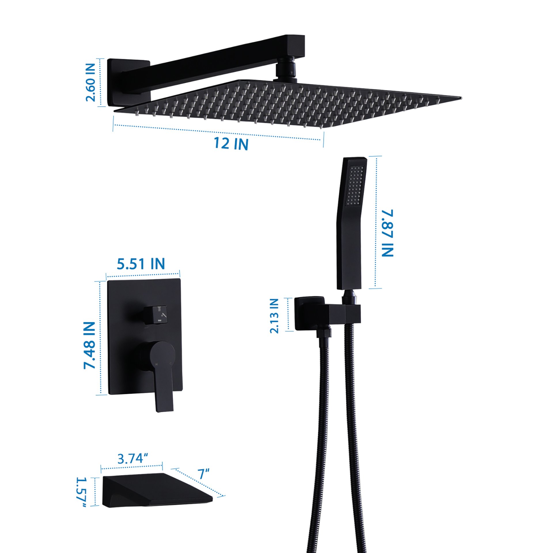 All Metal Tub Shower Faucet Set With 12" Rain Shower Head And Handheld Spray Combo, Wall Mounted - Matte Black - Image 3