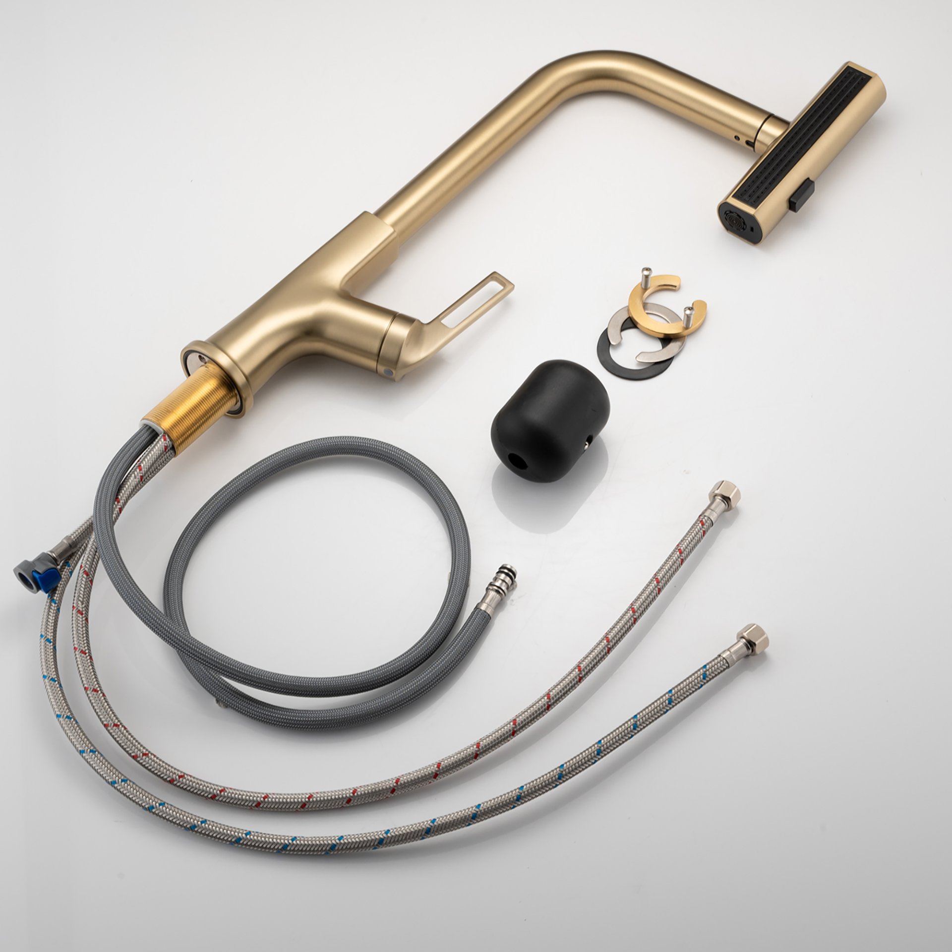 Kitchen Waterfall Faucet With Pull Down Sprayer, Single Handle, 360 Degree Rotating Zinc Alloy - Brushed Gold - Image 6