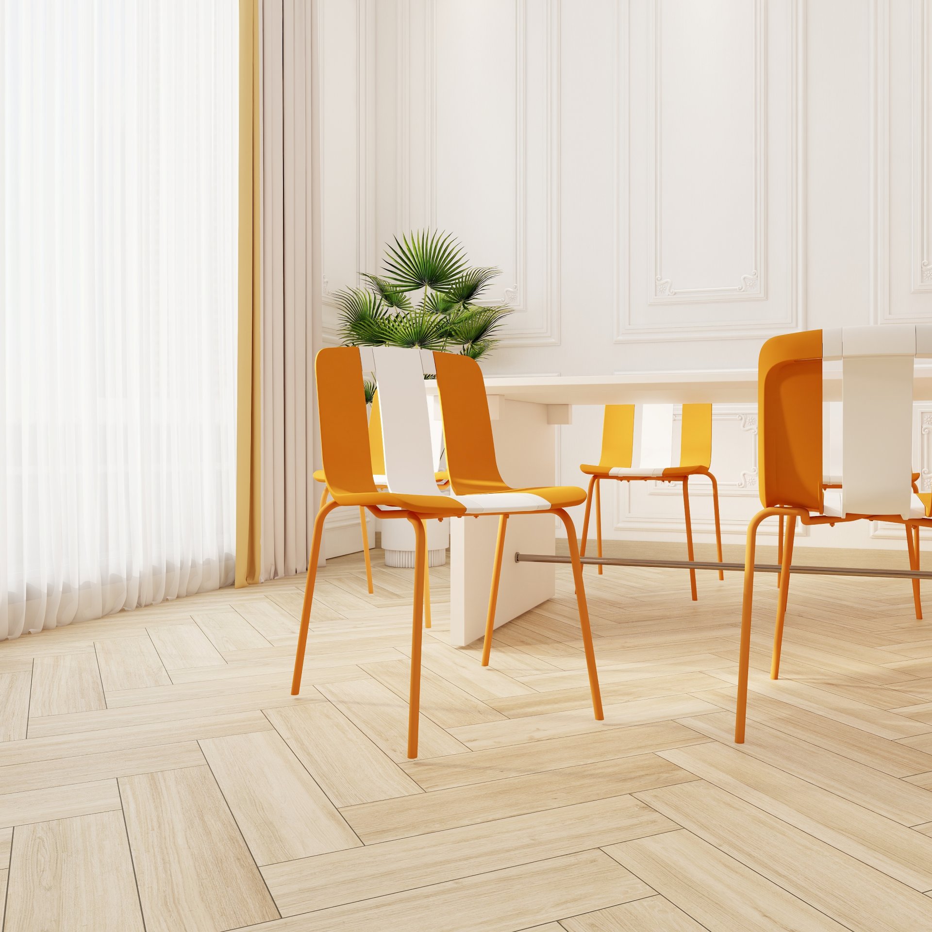 4 Piece Set Of Modern Striped Color Blocking Single Chairs, Waterproof And Fade Resistant - White / Orange - Image 4