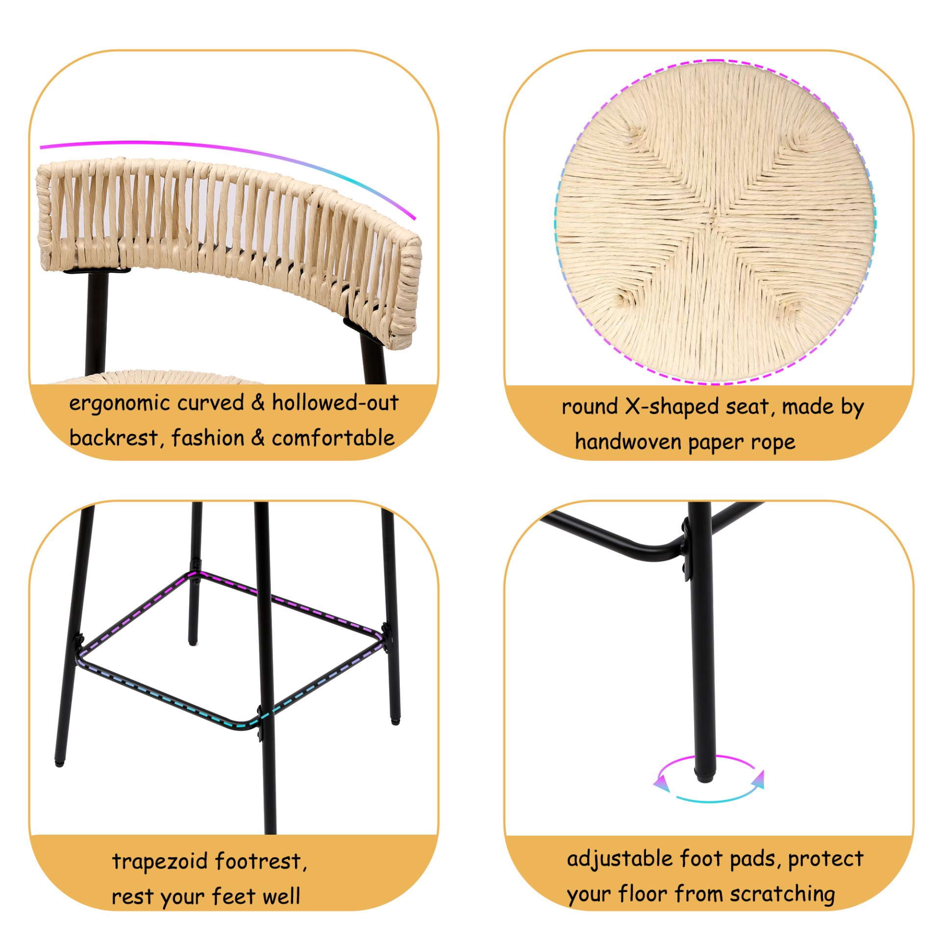 Boho Style Handwoven Paper Rope Counter Stools (Set of 2) - Creamy White - Image 5