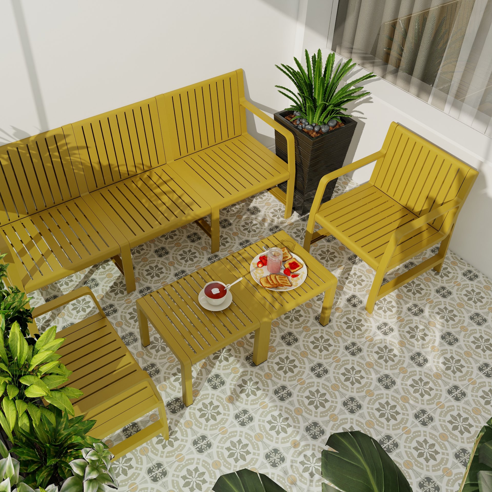 5 Piece Indoor / Outdoor Furniture Set 3 Seater Sofa, 2 Chairs And 2 Coffee Tables, Waterproof And Durable - Brick Yellow - Image 6