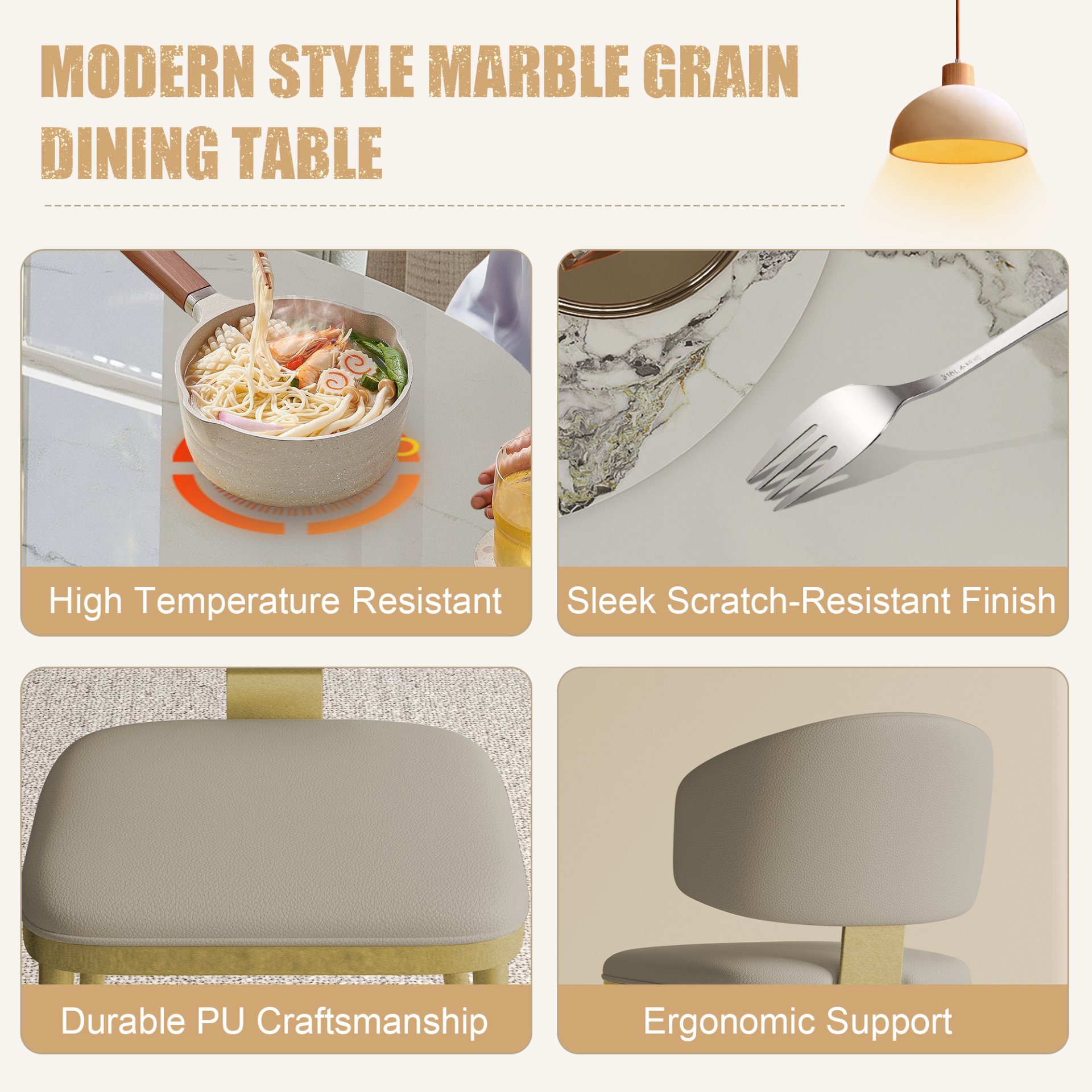 Luxury Round 59" Sintered Stone Dining Table With Stainless Steel Hourglass Base, Scratch & Heat Resistant Surface - Golden / White - Image 6