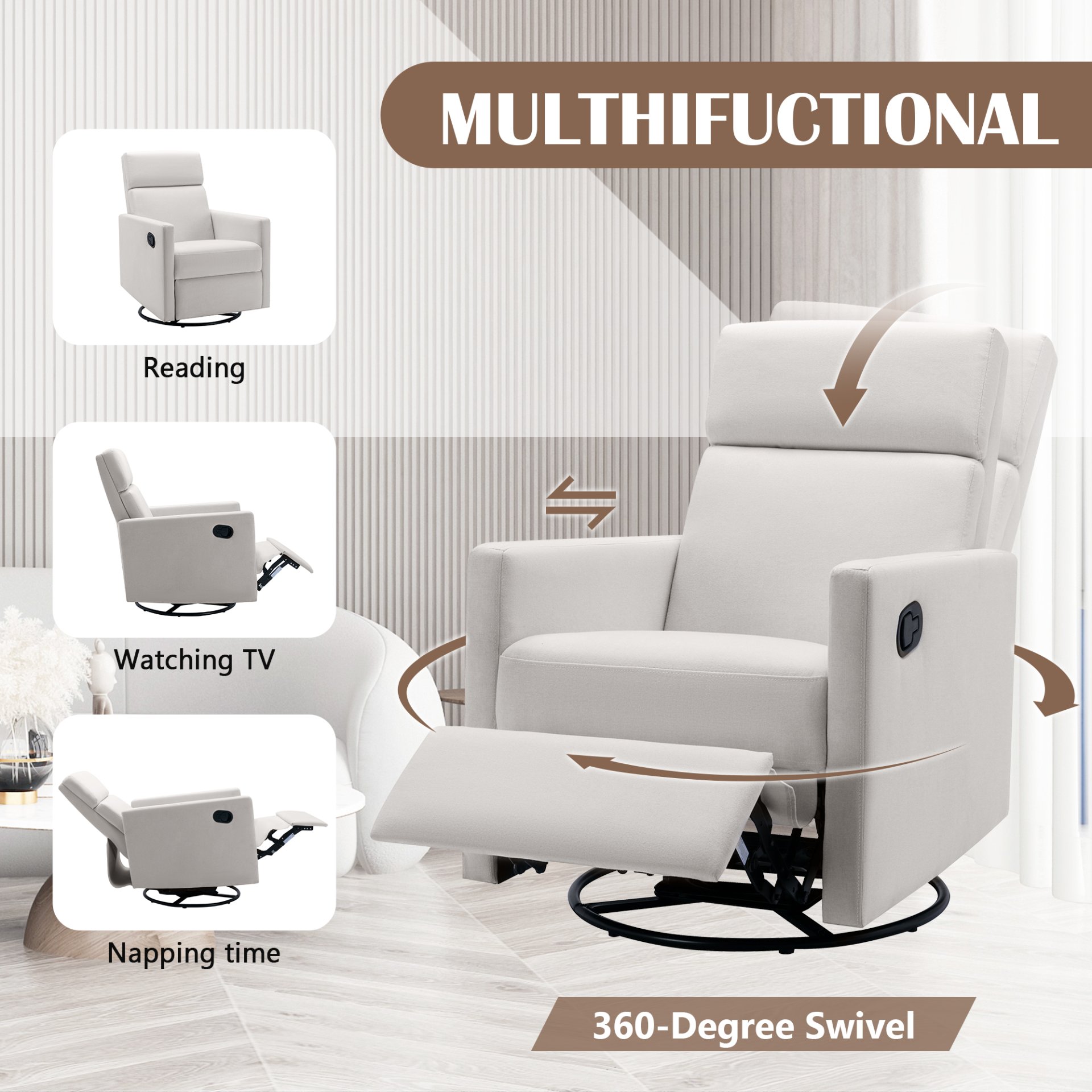 Modern Upholstered Rocker Nursery Chair Plush Seating Glider Swivel Recliner Chair - Beige - Image 6
