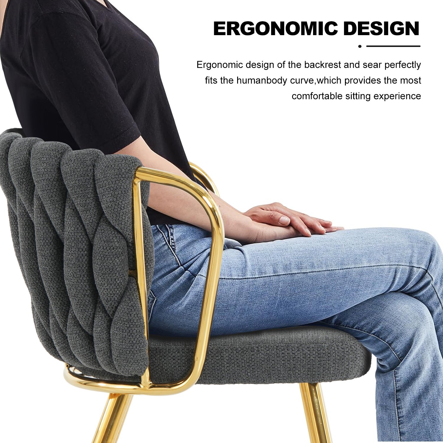 Modern Simple Dark Gray Linen Dining Chair With Plated Metal Legs, (Set of 2) - Gold - Image 7