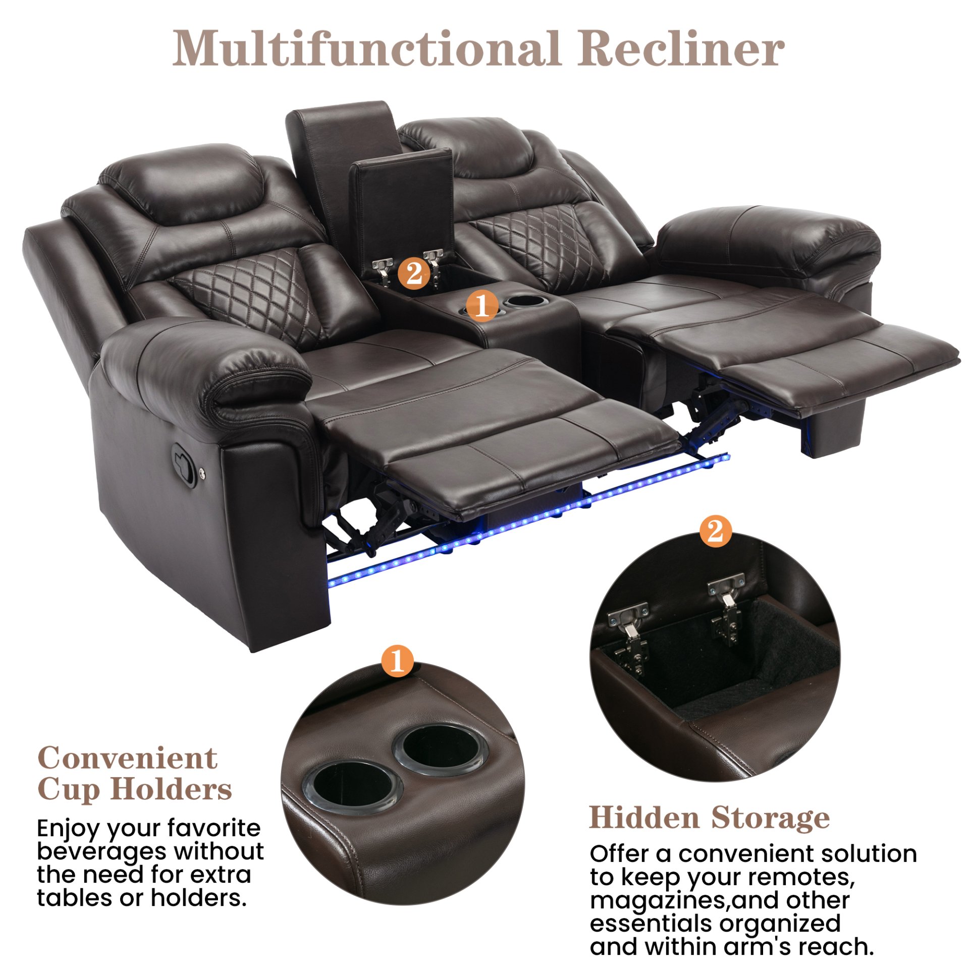 3 Pieces Recliner Sofa Sets Home Theater Seating Manual Recliner Chair With Center Console And Led Light Strip For Living Room - Brown - Image 7