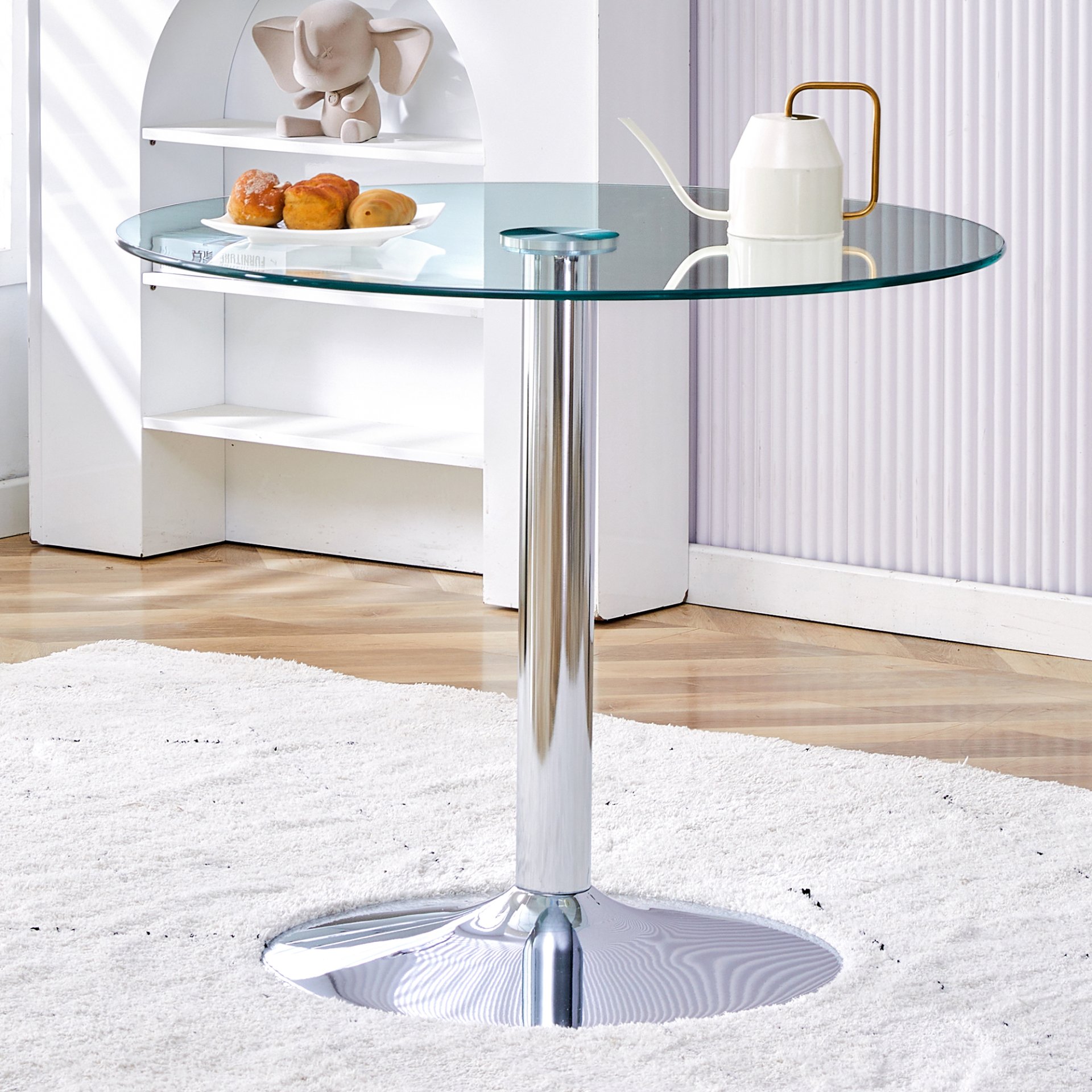 Modern Minimalist Round Dining Table With Glass Top And Metal Legs 35" Diameter - Silver / Transparent - Image 2