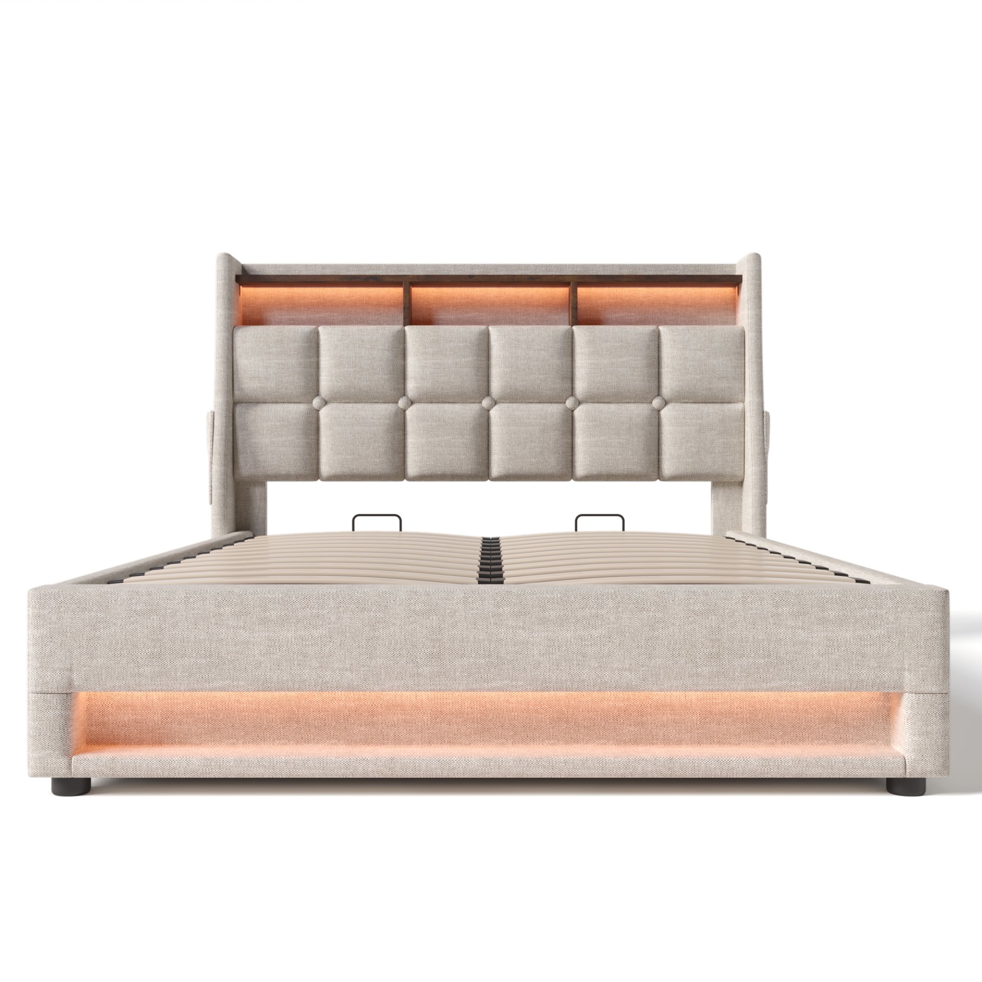 Full Size Upholstered Platform Bed With A Hydraulic Storage System, LED And USB Charging (Without Mattress) - Natural - Image 29