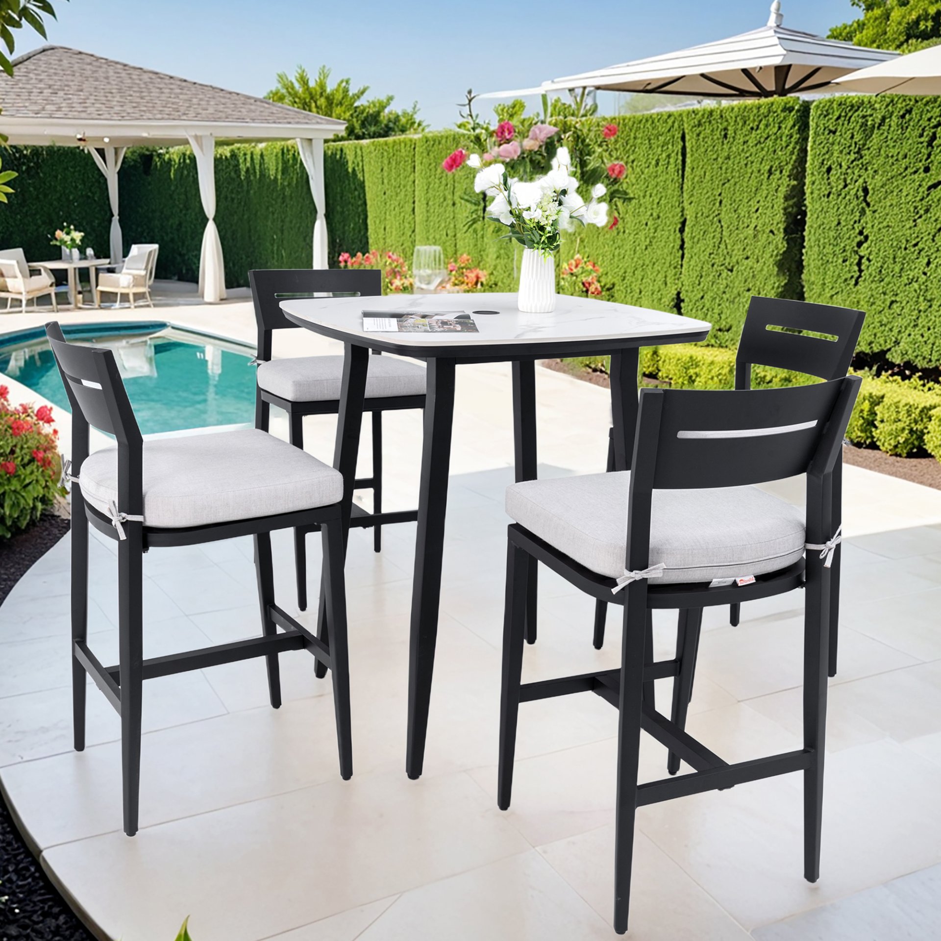 5 Pieces Modern Outdoor Bar Set, Sintered Stone Table With White Inspired Top & 4 Bar Stools, Sunbrella Cushions, Weather Resistant - Ember Black / White - Image 4