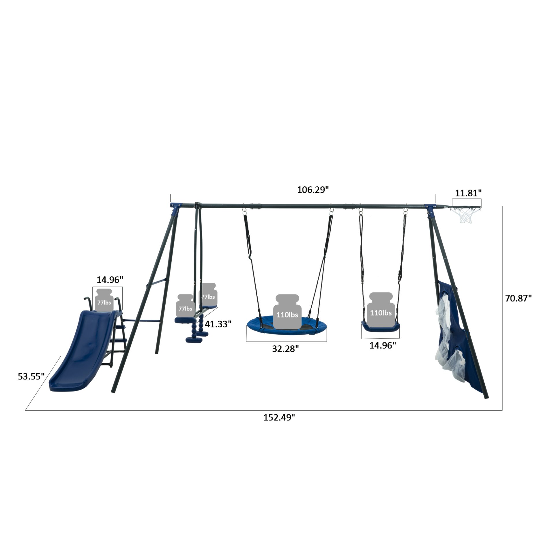 Xns052 Interesting Six Function Swingset With Net Swing Metal Plastic Safe Swing Set 440Lbs For Outdoor Playground For Age 3+ With 31.5" Net Swing - Gray / Blue - Image 3