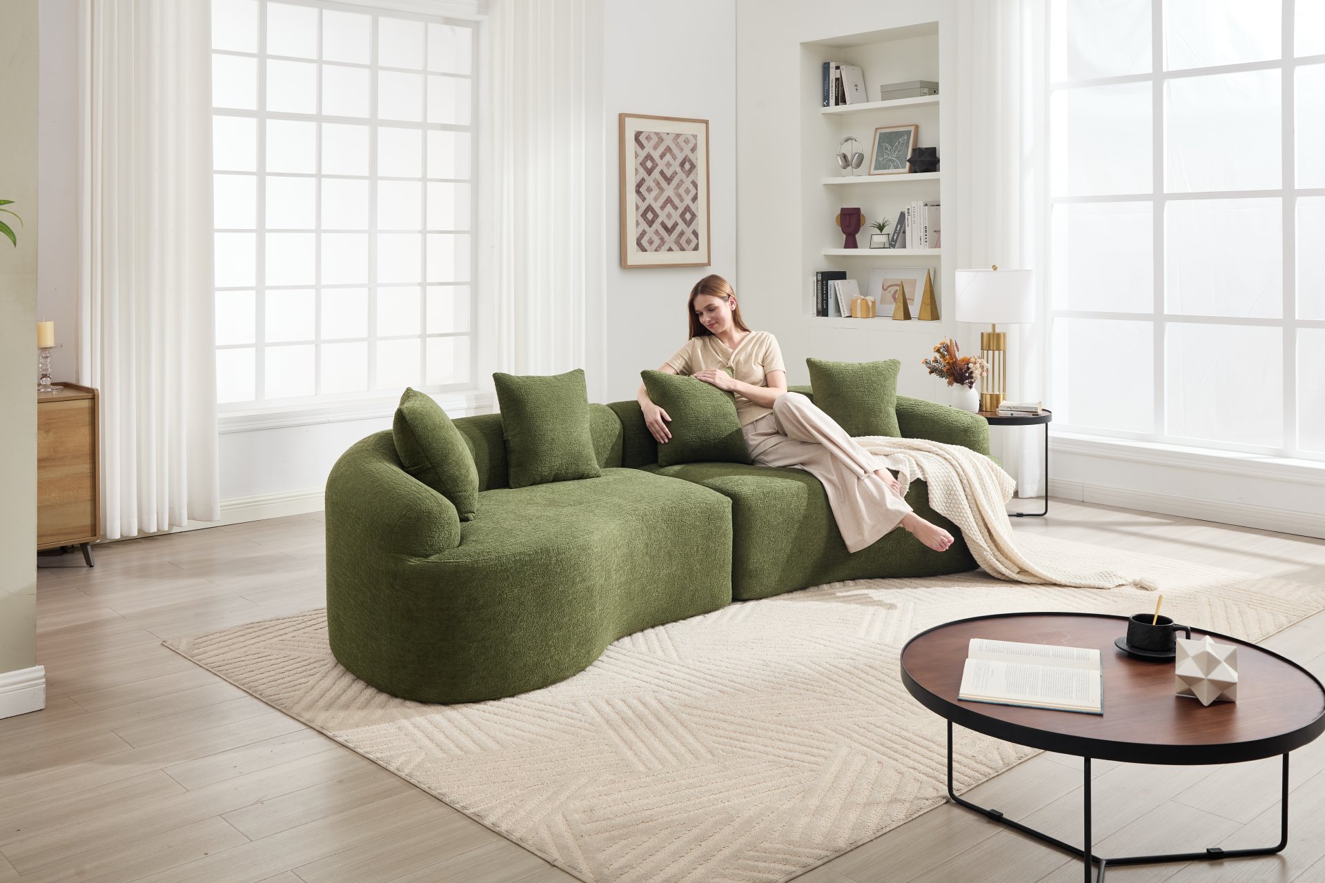 4 Seater Sofa With Chenille Fabric, 30D, 60 Hardness Full Sponge, 4 Pillow For Living Room, Home Furniture Sleeper Sectional Sofa For Apartment - Green - Image 34