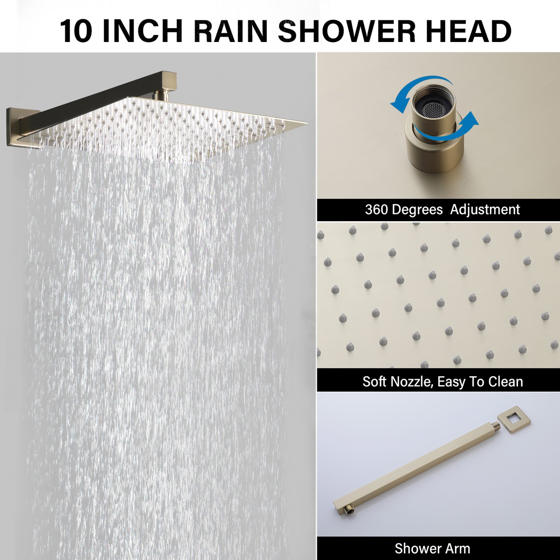 Modern 10" Wall Mounted Rainfall Shower Head System - Brushed Gold - Image 5