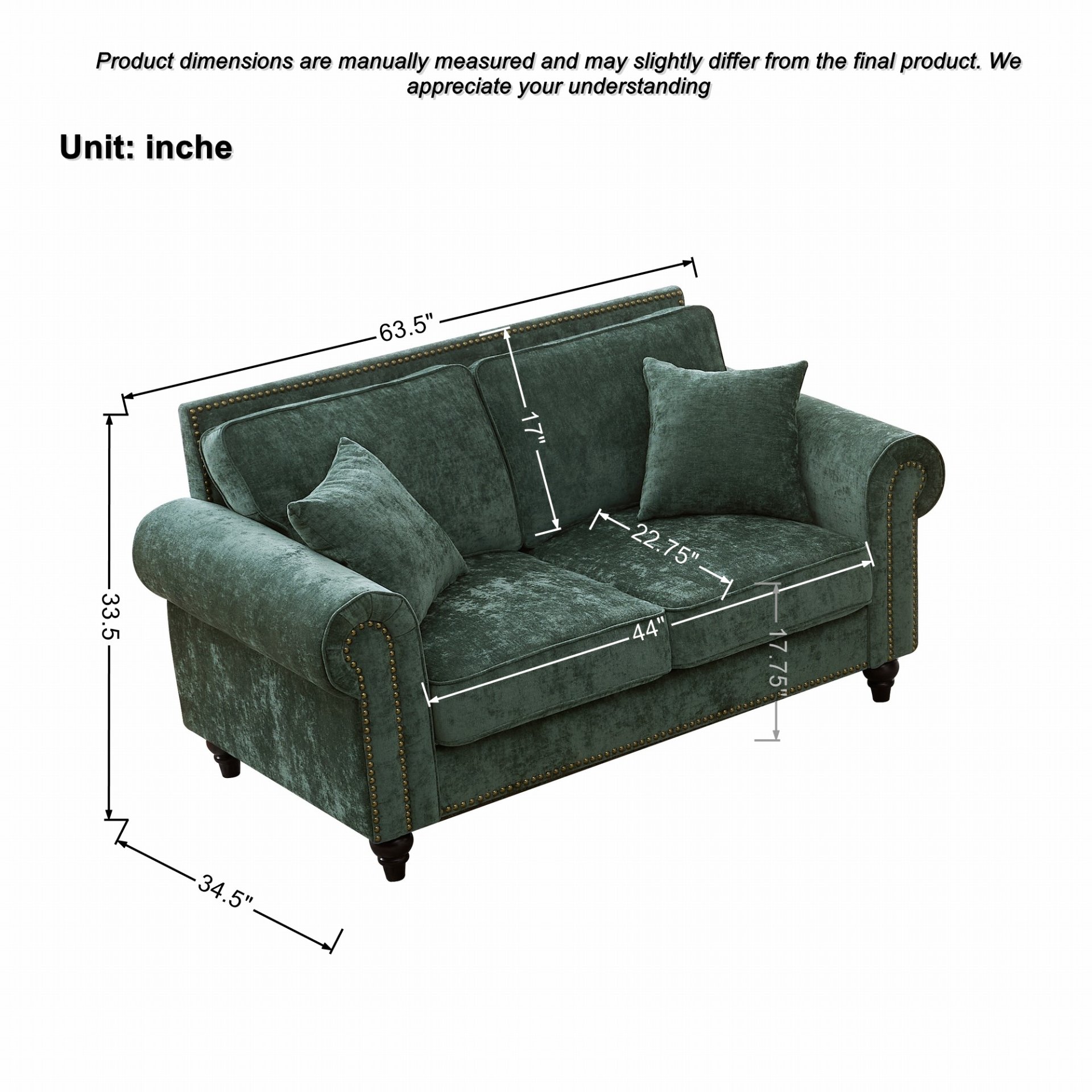 2 Seater Sofa With Rolled Arms, Tufted, Legs, Nailhead Trim - Green - Image 3