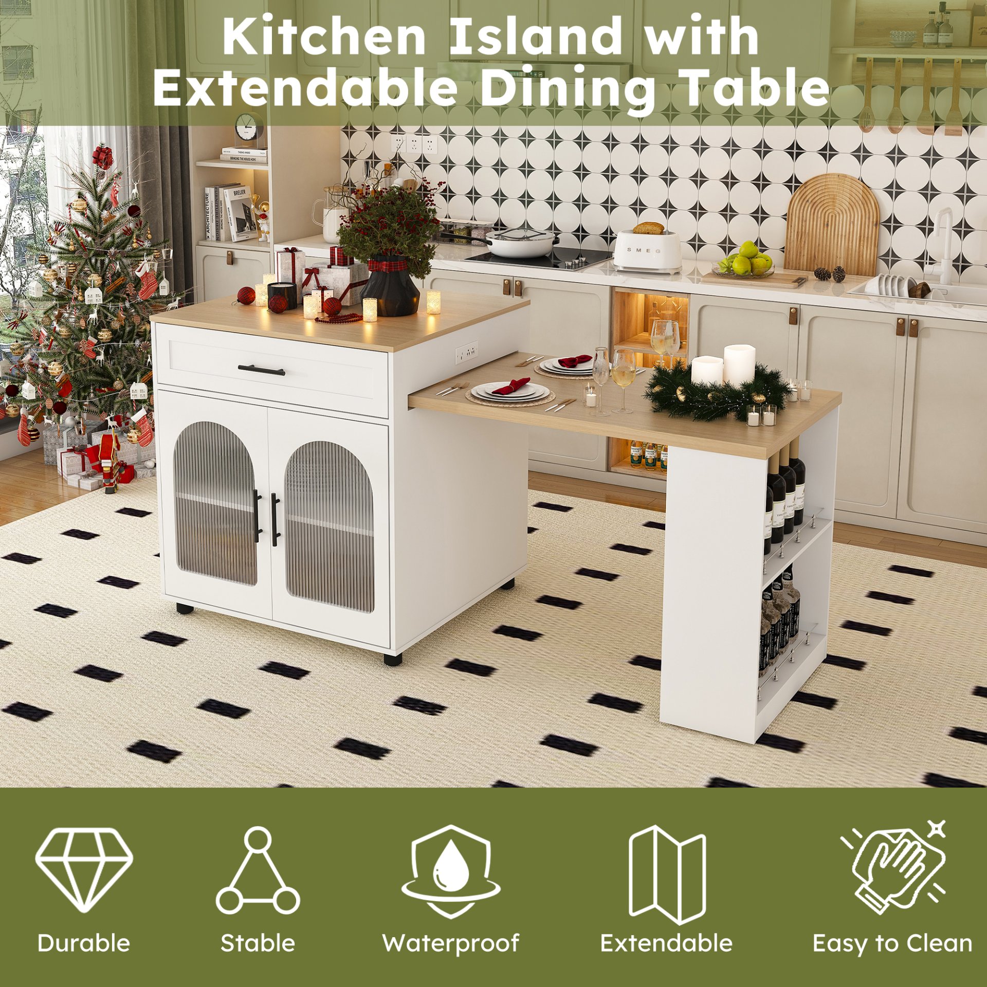 Expandable Kitchen Island With Dining Table - White - Image 10