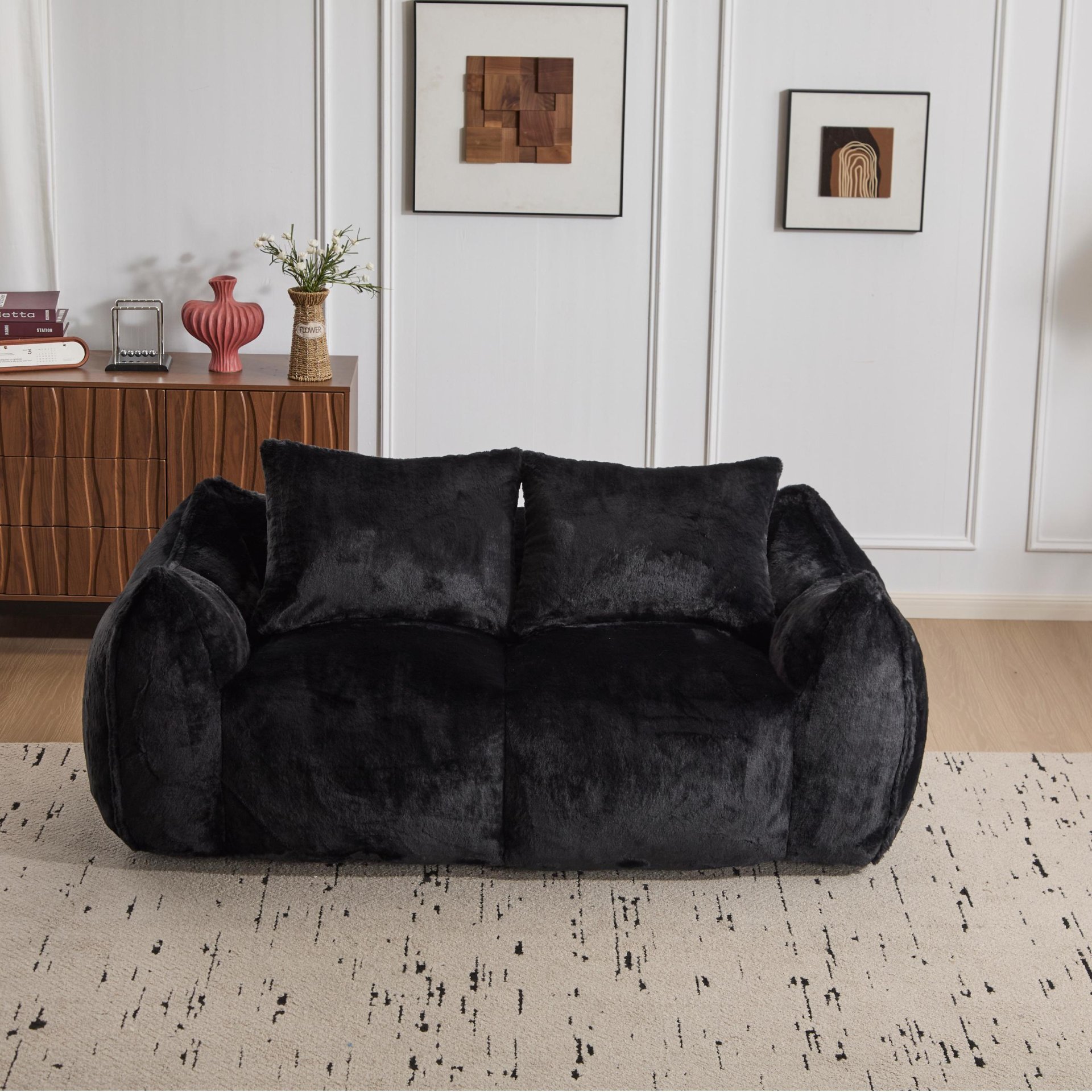 Giant Bean Bag Couch, Ultra Soft Fluffy Loveseat For Living Room Reading Chair With Pillows - Black - Image 10
