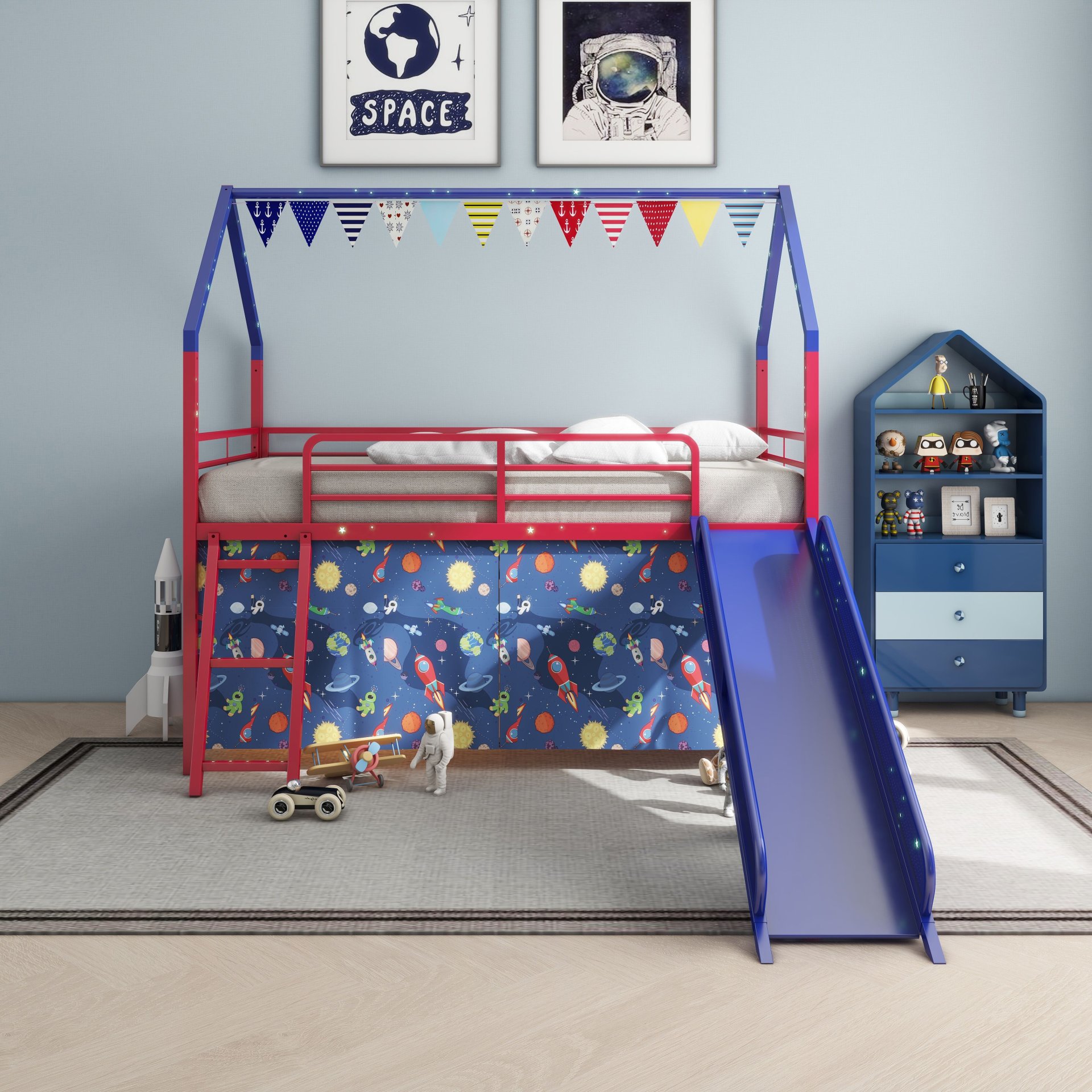 Jack - House Twin Loft Bed With Slide And Curtain Set, Superhero - Red / Blue - Image 4