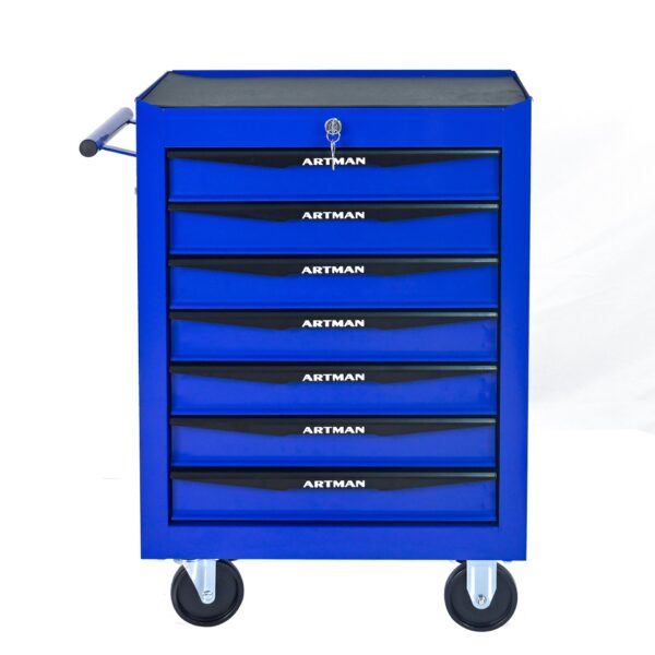 Rolling Metal Tool Chest With 7 Drawers, 20" Steel Storage Cabinet With Ball Bearing Slides - Black / Blue