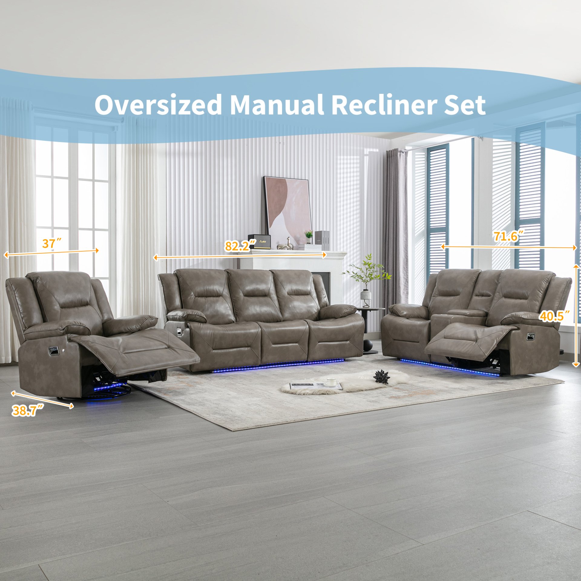 Home Theater Recliner Set Manual Recliner Chair With A Led Light Strip Two Built-In Cup Holders For Living Room - Gray - Image 6