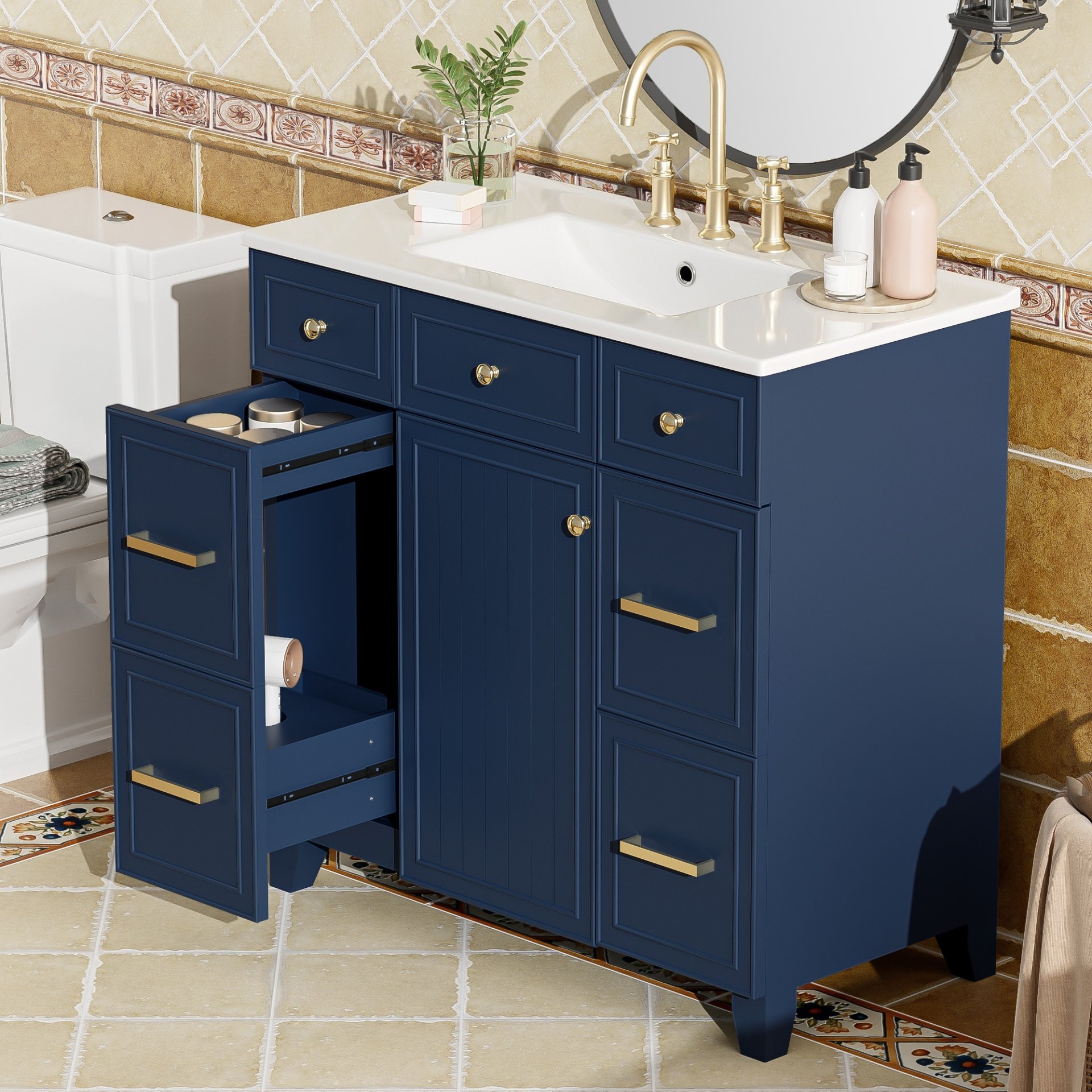 Bathroom Vanity With Sink, Soft Close Doors, Adjustable Shelves - Blue - Image 5