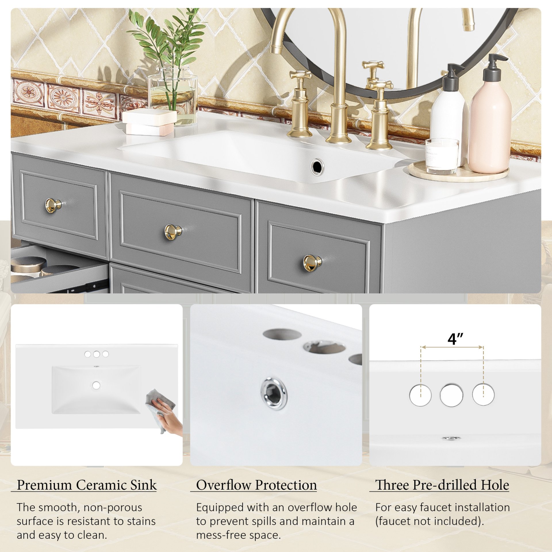 Bathroom Vanity With Sink, Soft Close Doors, Adjustable Shelves, 36" - Gray - Image 9