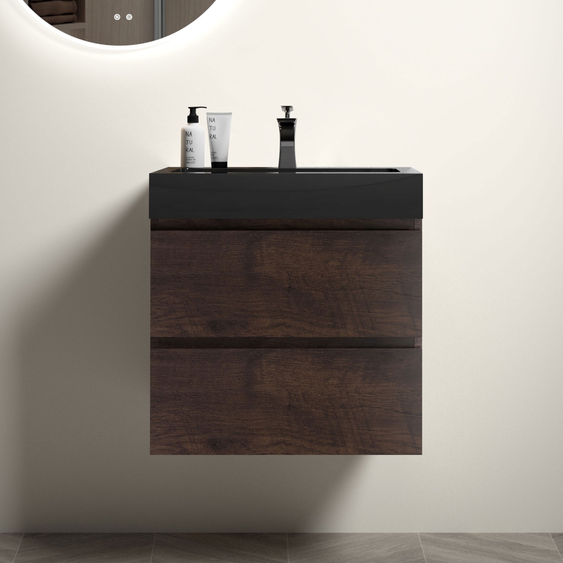 Alice - 24" Bathroom Vanity With Sink, Large Storage Wall Mounted Floating Bathroom Vanity For Modern Bathroom, One-Piece Sink Basin Without Drain And Faucet - Walnut / Black - Image 2