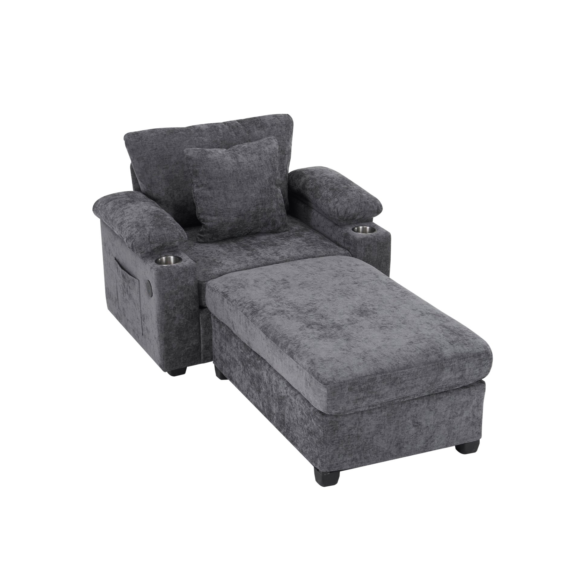 Modern Oversized Chair With Ottoman, Chenille Fabric Sofa Bed, Accent Chair Comfy Sofa With Cupholders And USB Charging Ports Chair For Living Room - Dark Gray - Image 9