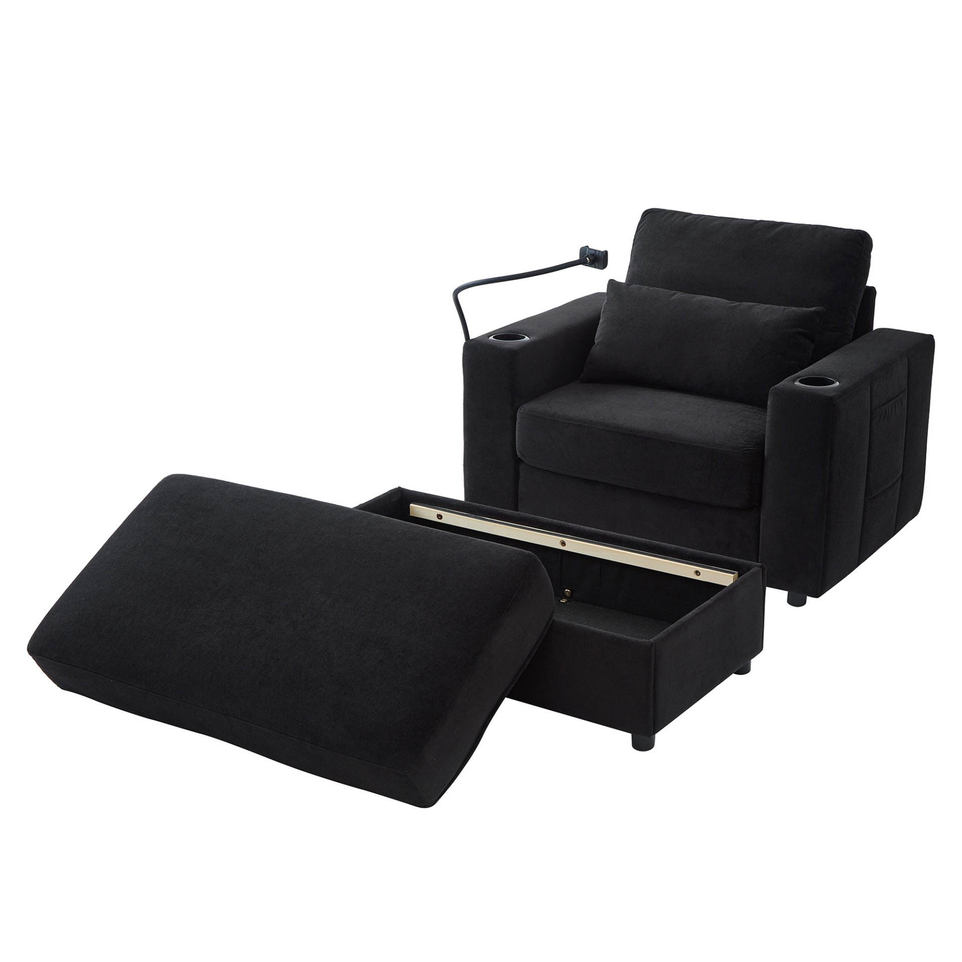 Modern Style Armchair Chaise Lounge Sofa Couch With Movable Storage Ottoman, USB Ports, Cup Holders & Side Pockets Chenille - Black - Image 18