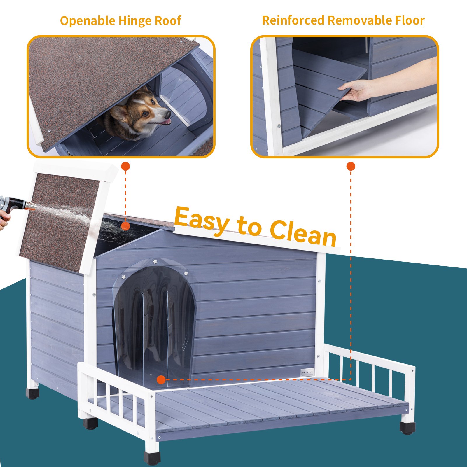 Large Wooden Dog House Indoor Outdoor With Terrace And Open Waterproof Asphalt Roof, Outdoor Dog House With Raised Floor, Windows And Door Curtains, Suitable For Small And Medium Dogs - Gray - Image 9