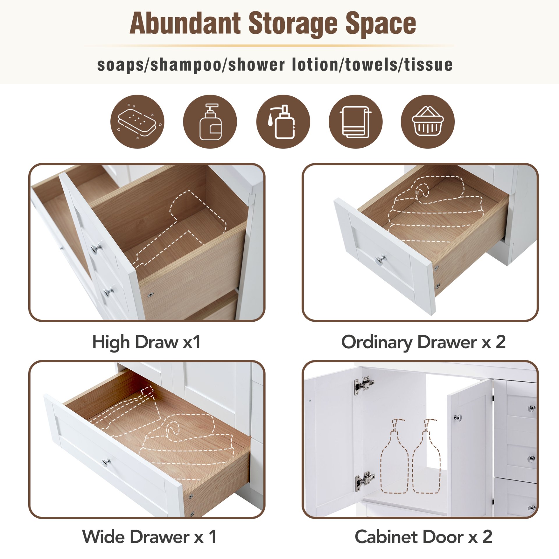 Shaker Free Standing Bathroom Vanity Cabinet With Sink, Soft Close Drawers And Doors - White - Image 6