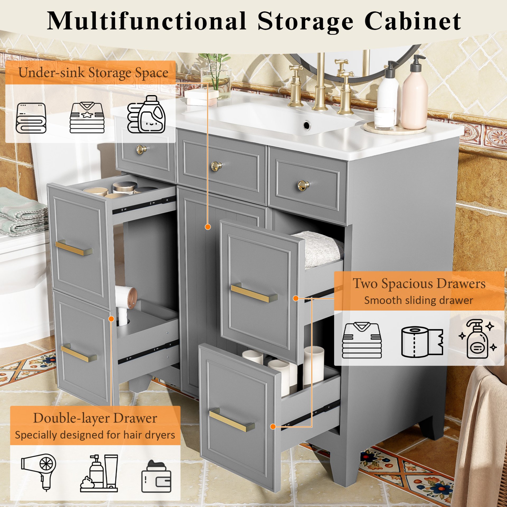 Bathroom Vanity With Sink, Soft Close Doors, Adjustable Shelves, 36" - Gray - Image 8