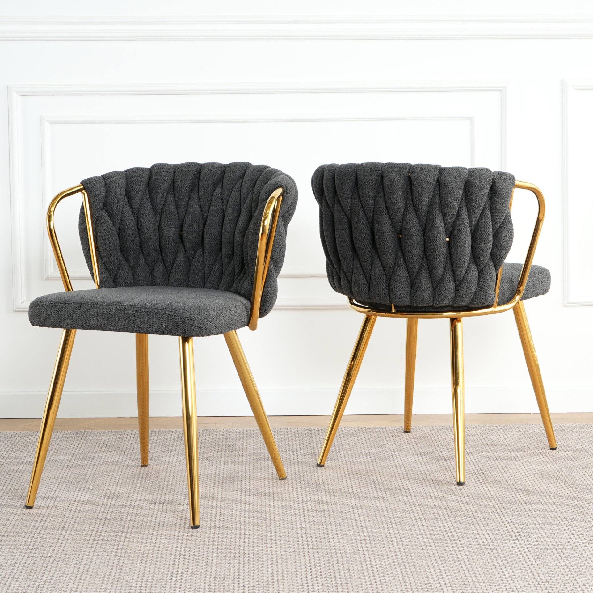 Modern Simple Dark Gray Linen Dining Chair With Plated Metal Legs, (Set of 2) - Gold - Image 4