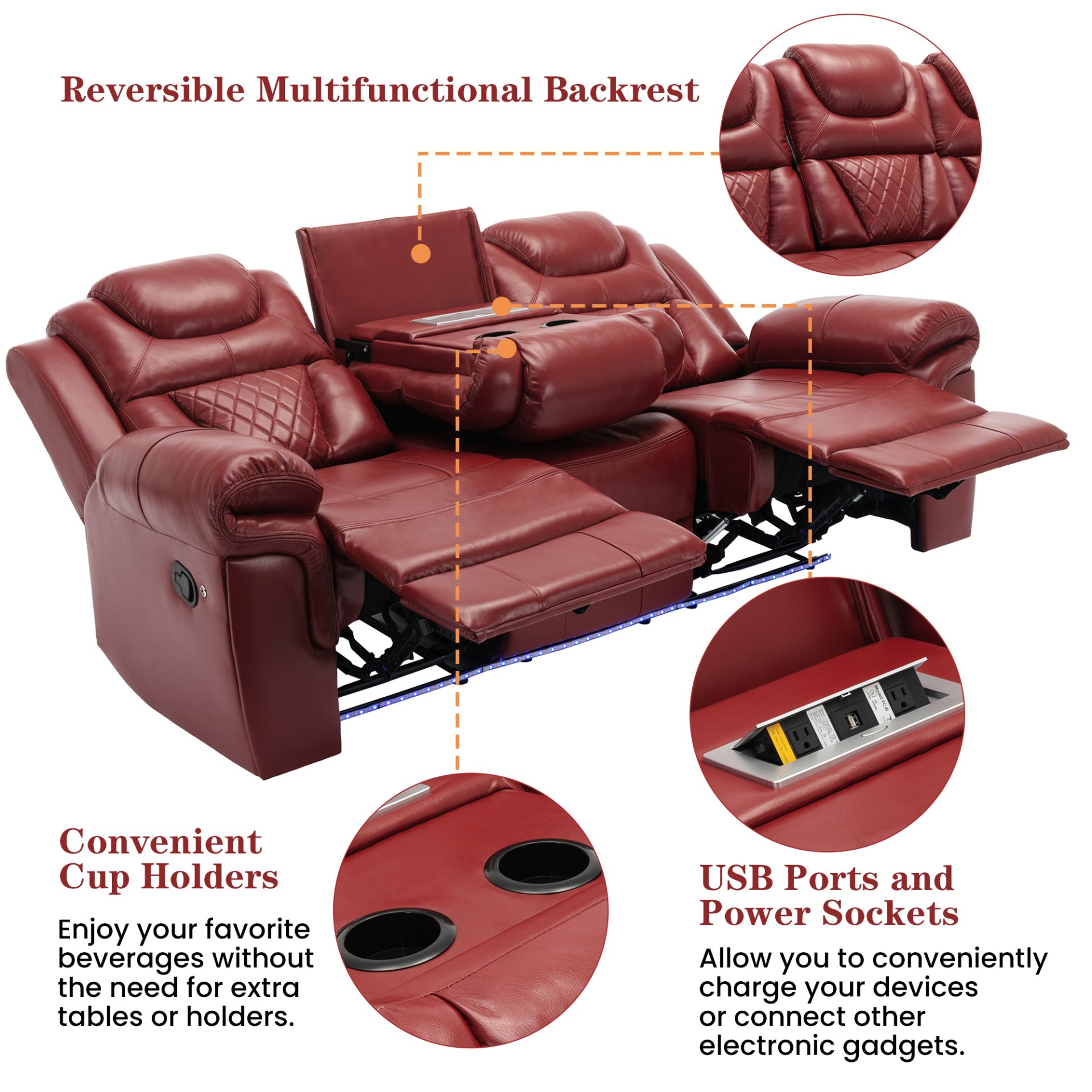3 Pieces Recliner Sofa Sets Home Theater Seating Manual Recliner Chair With Center Console And Led Light Strip For Living Room - Wind Red - Image 8