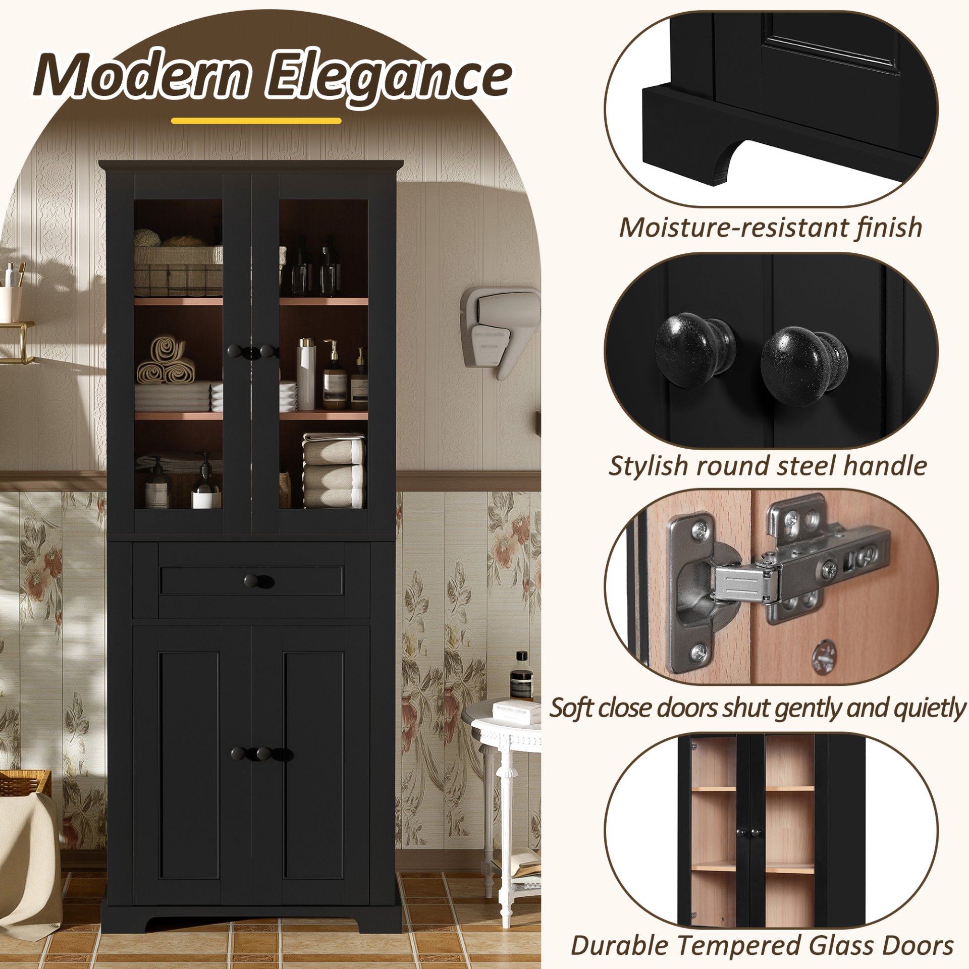 Bathroom Storage Cabinet, Adjustable Shelves & Drawer, Freestanding Linen Tower - Black - Image 7