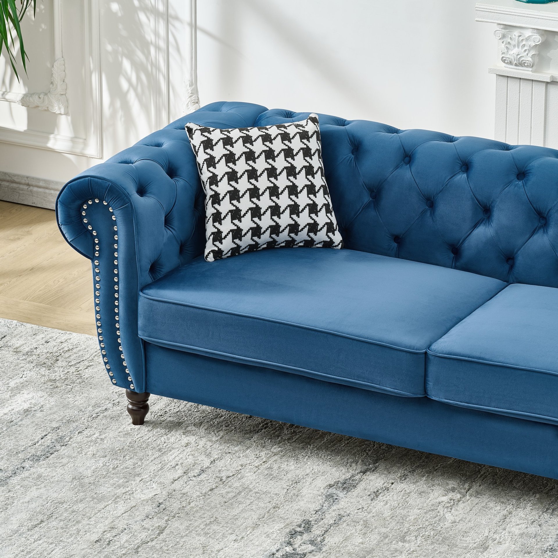 Chesterfield Sofa With Roll Armrest & Nailhead, 3 And 2 Seater - Blue - Image 13