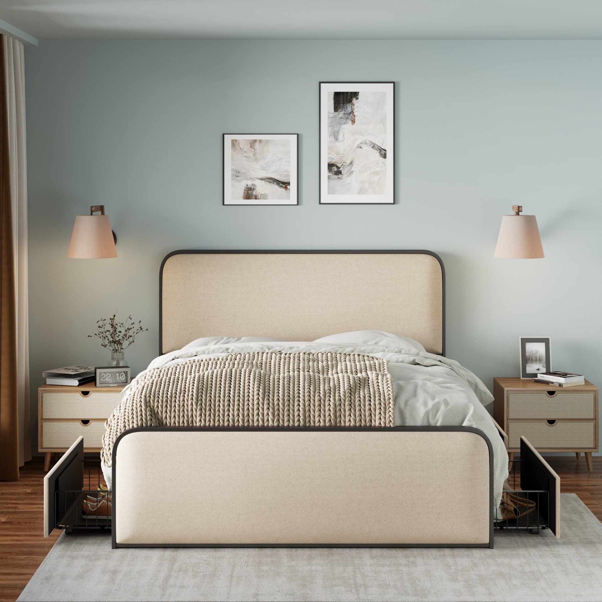 Modern Metal Bed Frame With Curved Upholstered Headboard And Footboard Bed With 4 Storage Drawers, Heavy Duty Metal Slats, Queen Size - Beige - Image 7
