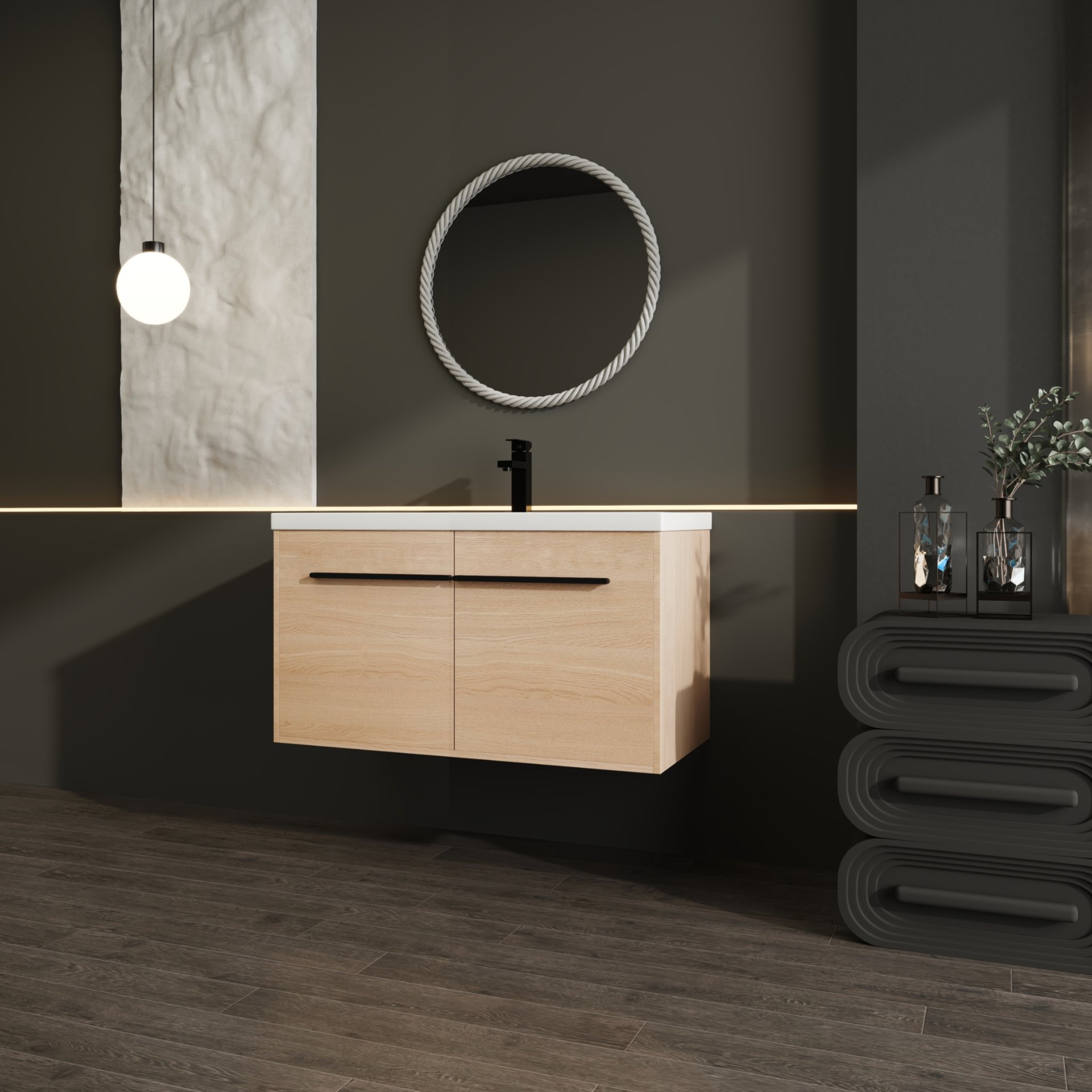 Bathroom Vanity With Resin Countertop Sink, 2 Doors Cabinet Set - Oak - Image 2