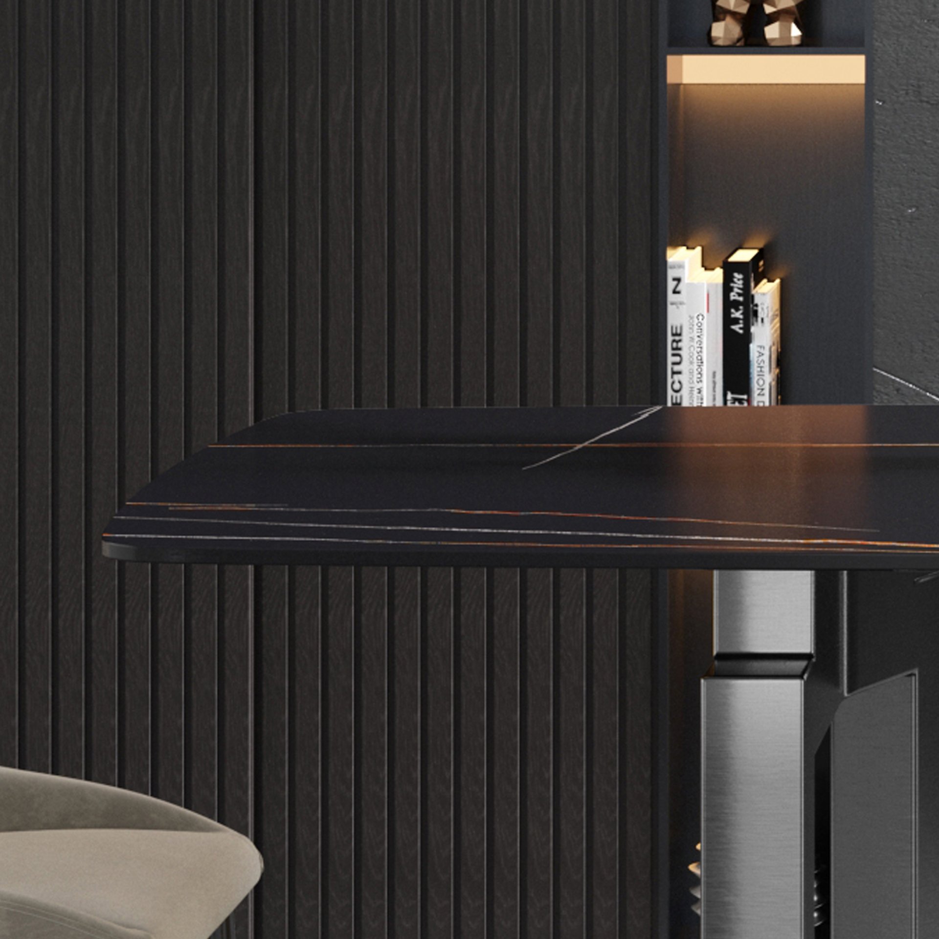 63" Modern Artificial Stone Black Curved Black Metal Leg Dining Table, 6 People - Black - Image 8